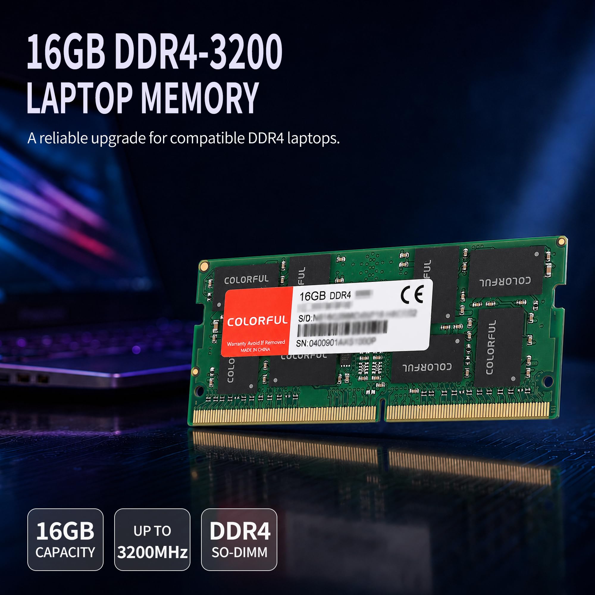 DDR4 16GB RAM, 3200MHz CL22 Laptop Memory, SODIMM 260-Pin 1.2V