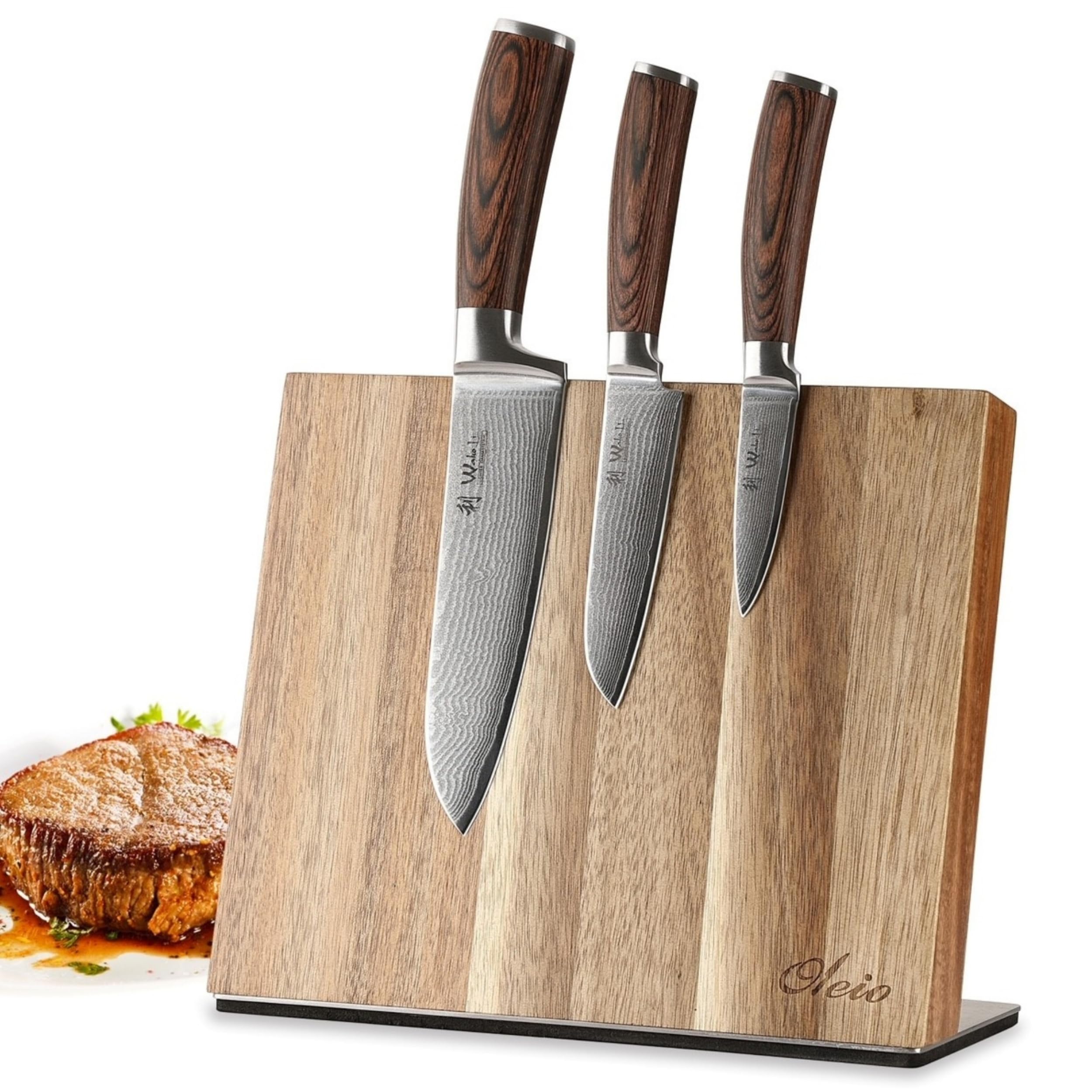 Wakoli EDIB Messerblock-Set mit 3 Damastmessern, 67 Lagen und VG10-Kern | Santoku 17 cm, kleines Santoku 12 cm, Officemesser 8,5 cm; magnetischer Messerblock aus Holz, Pakkaholzgriffe, Holzbox