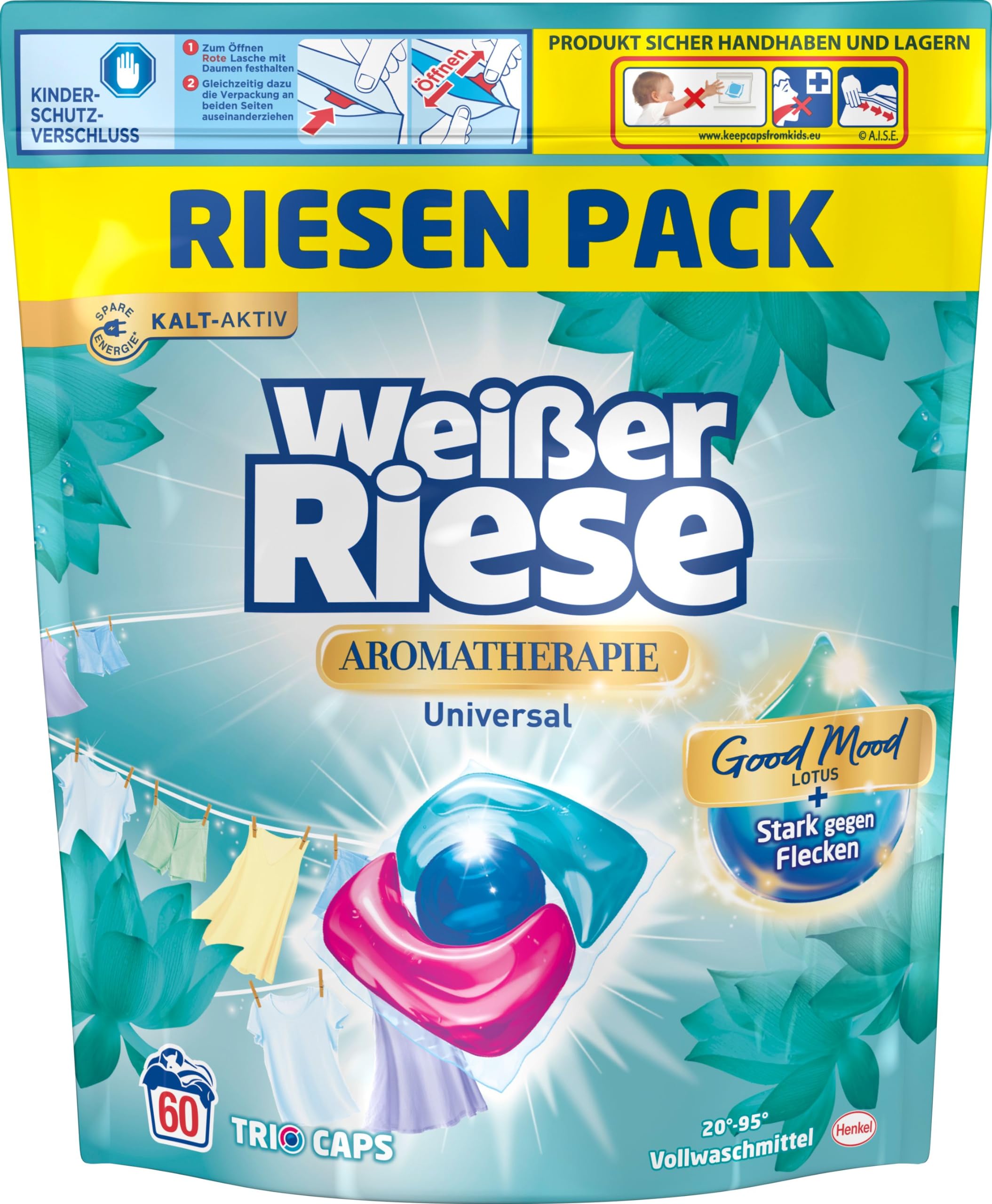Weißer Riese Universal Trio-Caps A-Th. Lotus & Mandelöl (1x 120 WL), Vollwaschmittel mit intensivem Dufterlebnis & WC FRISCH Spa Momente Harmonie (1x 50g), langanhaltendes Dufterlebnis