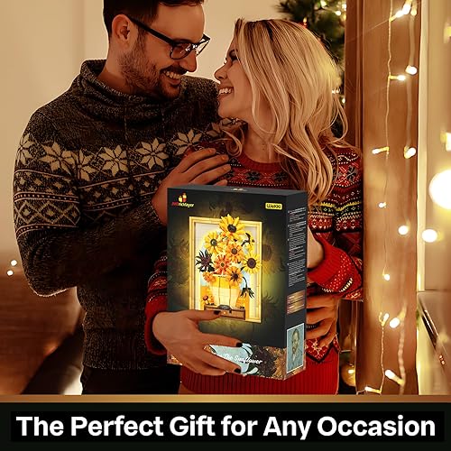 Miniatura 7 de JMBricklayer Juegos de construcción de flores de girasol para adultos con luces 70004, ideas de manualidades de pared de Van Gogh, marco de pintura