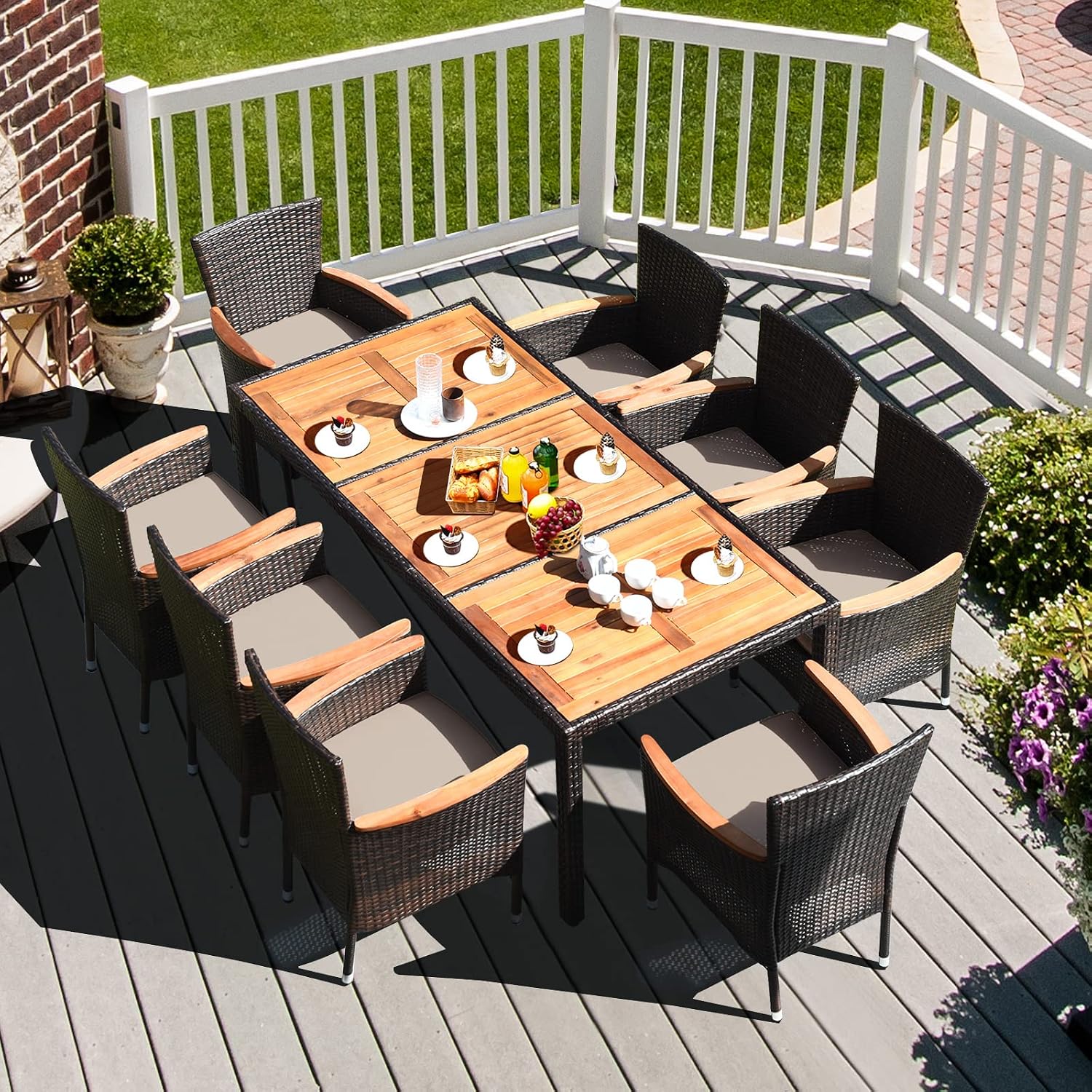 Patio Dining Set Outdoor Dining Set, 9 Pieces Wicker Patio Furniture Set with Acacia Wood Table and Chairs, Garden Dining Table Set for Backyard, Poolside, Desk, Christmas(Brown)