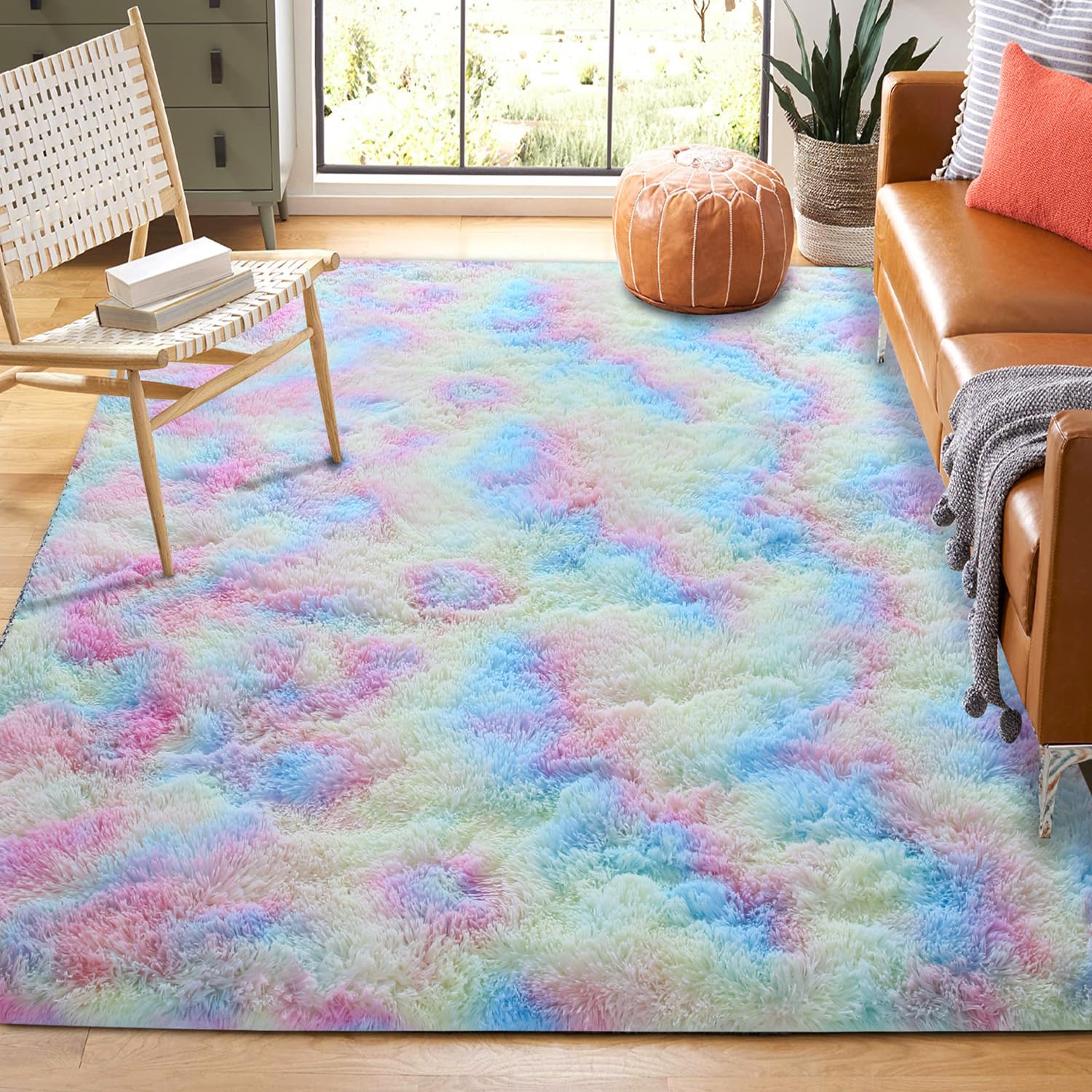 YUFANUHO Pink Rainbow Area Rugs for Girls Room 5x7 Feet Ultra Soft Fluffy Tie-Dyed 5x7 Colorful Rainbow Rugs for Playroom, Baby Nursery, Home Decor