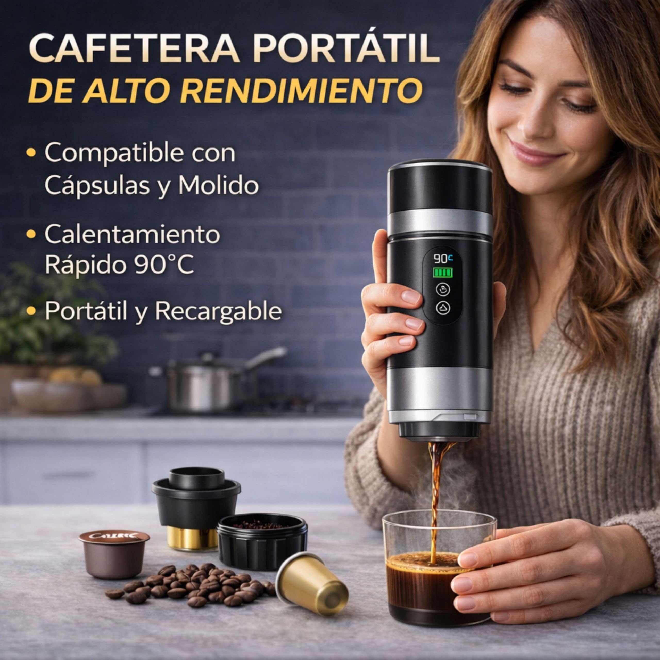 Cafetera Portatil Capsulas compatible Nespresso Dolce Gusto y Café Molido - Versión Mejorada 2026 - Coffe Machine - Maquina de Cafe Portátil Multicapsulas Universal 20 BAR Con Pantalla LED y 80ml