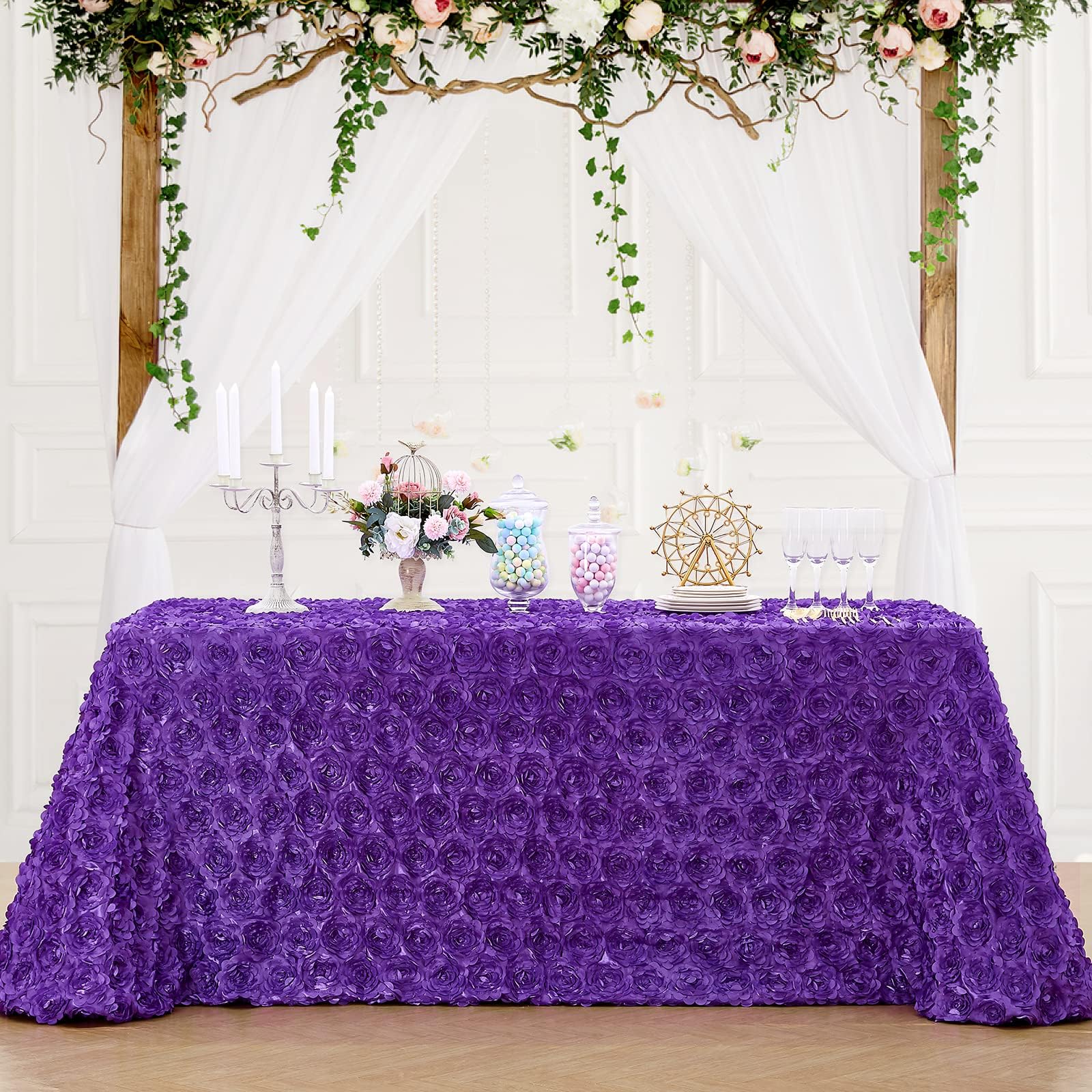 Purple Rosette Tablecloth 60x102 Inch Satin 3D Floralr Romantic Party Table Fabeic for Wedding Bridal Shower Birthday Rectangle Table Decoration
