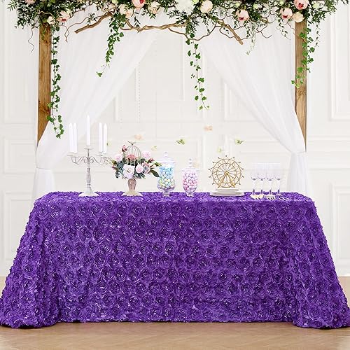 Miniatura 8 de B-COOL Mantel rectangular con diseño de rosetas de 90 x 132 pulgadas, mantel de satén floral 3D morado para decoración de mesa de fiesta de ceremonia