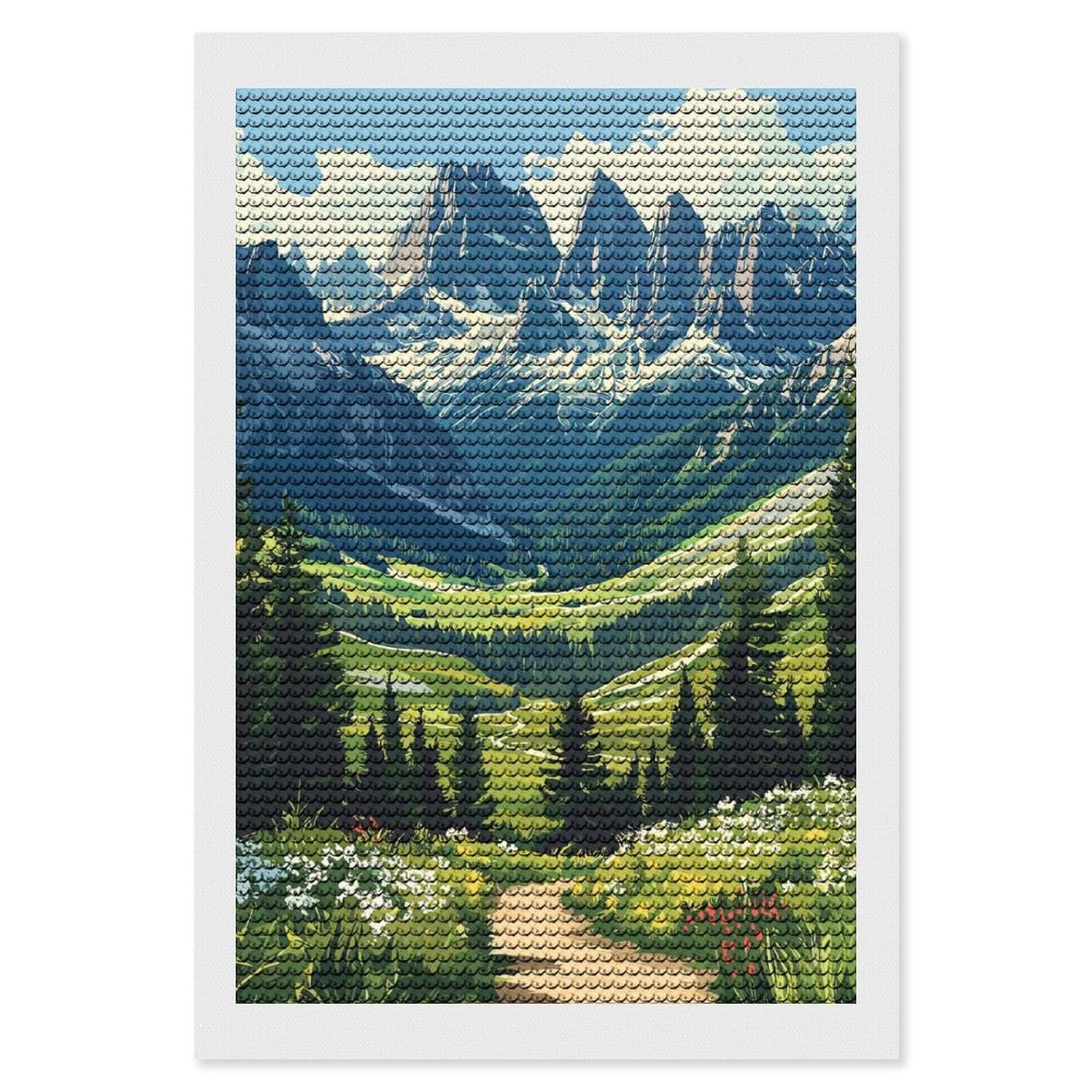 Junmoney Mountain Valley Landscape with Hiking Trail Diamond Painting Set 8"x12", Full Kit Included, Sparkling Round Gems, Farmhouse Decor, Festive Craft Gift