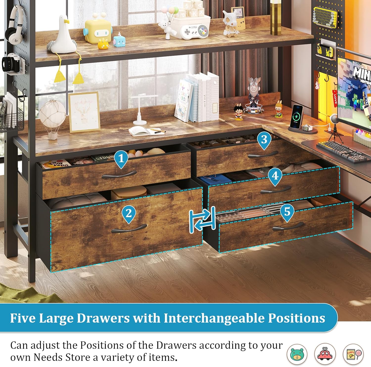 Loft Bed with Desk,Loft Bed Full Size with 5 Drawers & 3 Open Shelves and LED Lights,Full Size Loft bed with Charging Station & Thickened Tread Stairs for Adults/Kids/Young Teens,Vintage Brown