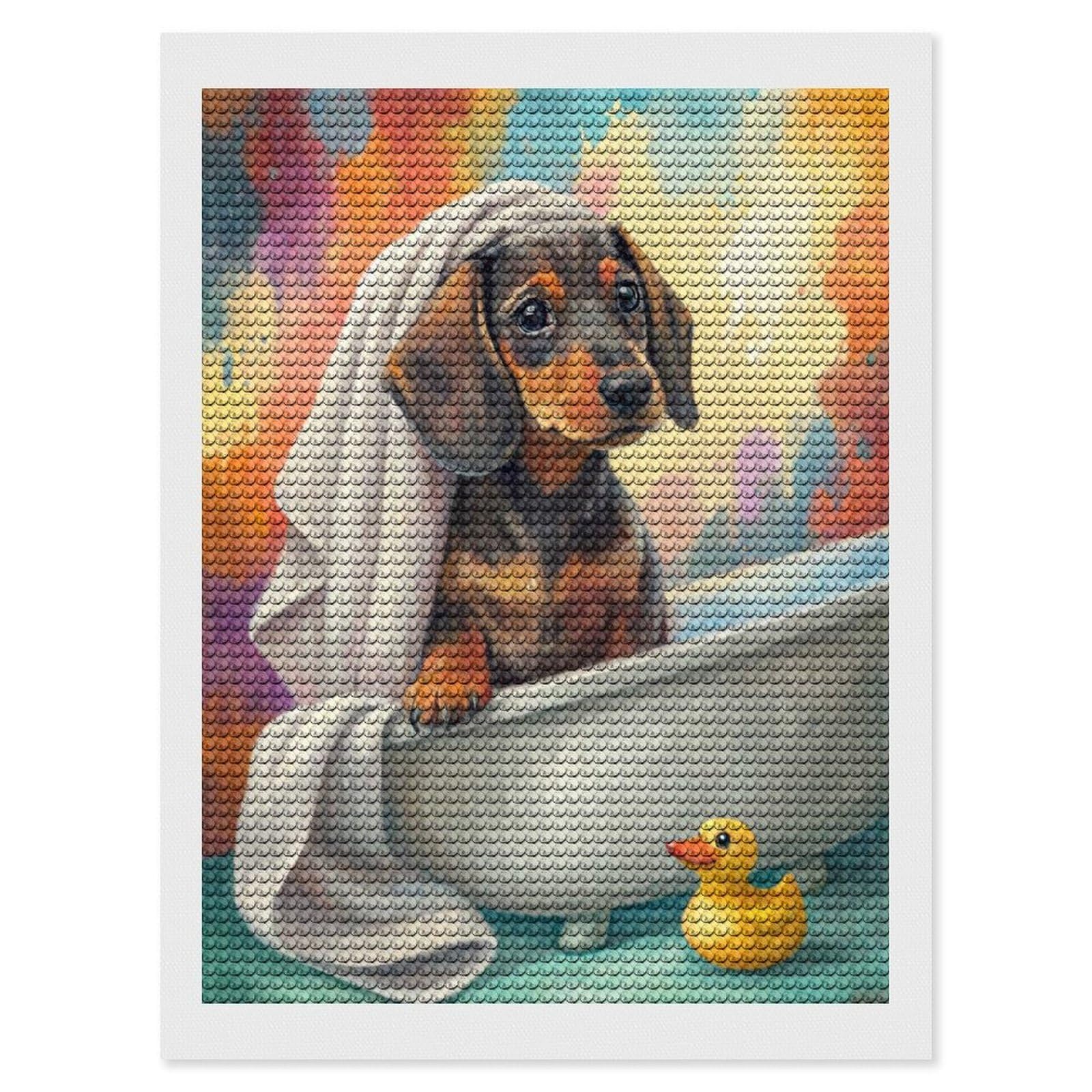 Junmoney Dachshund Puppy in Bathtub with Duck Diamond Painting Kit 12"x16", Festive Craft Gift, Bedroom Decor, Full Kit Included, Creative Gift Idea