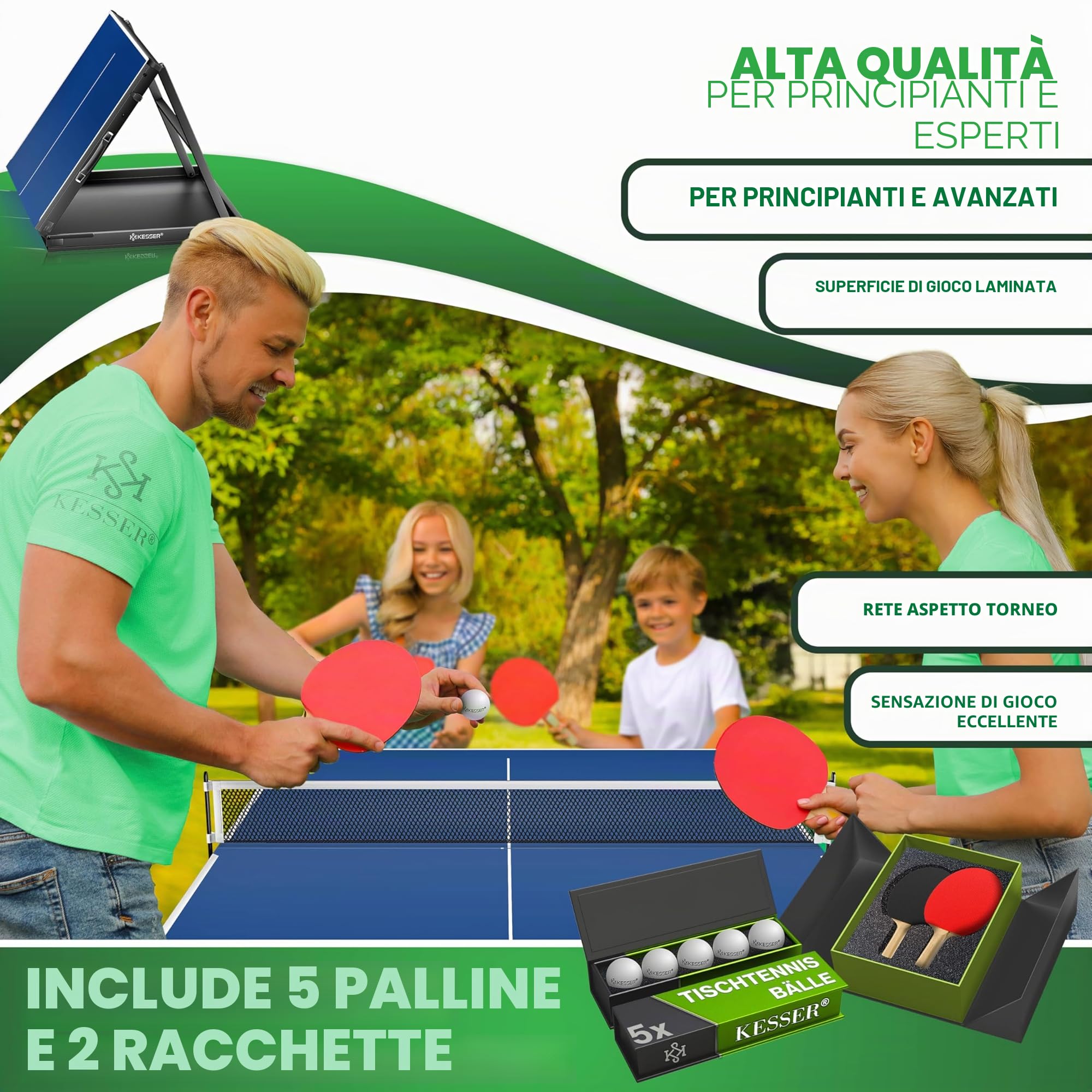 KESSER Mini tavolo da ping pong per esterni, con set di racchette da ping pong, palline da ping pong e rete T, resistente alle intemperie, laminato, pieghevole, per viaggi, design a valigia, 153 x