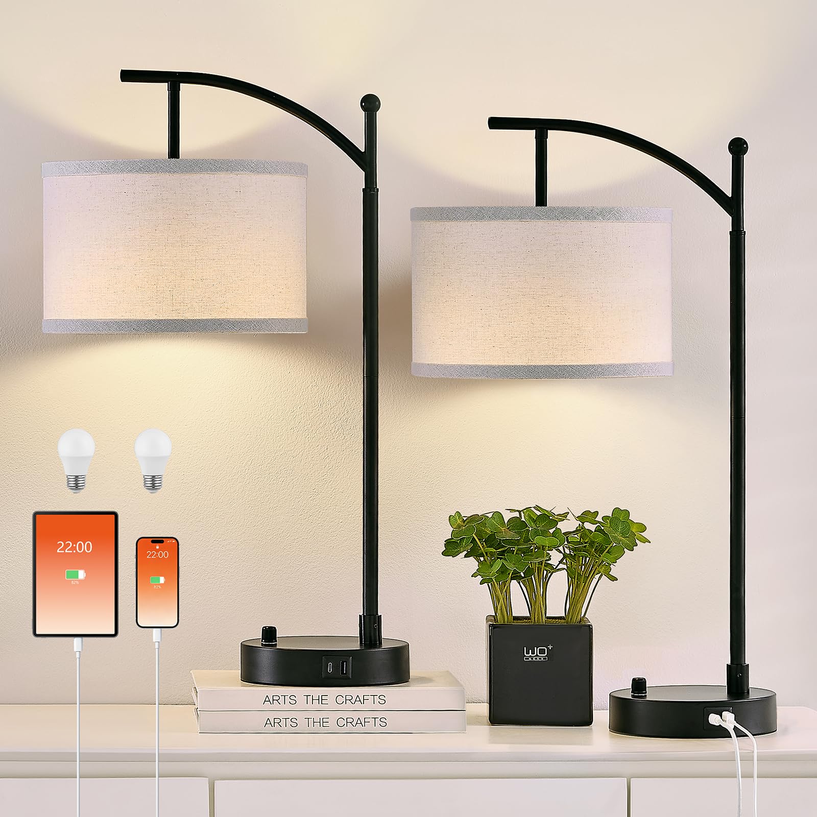 Photo 1 of Hikczc Table Lamp for Living Room Bedroom, 23.5" Table Lamps Set of 2 with USB C+A Ports, Bedside Lamps for Nightstand with Linen Lamp Shades, 2 Dimmable LED Bulbs Included, Black