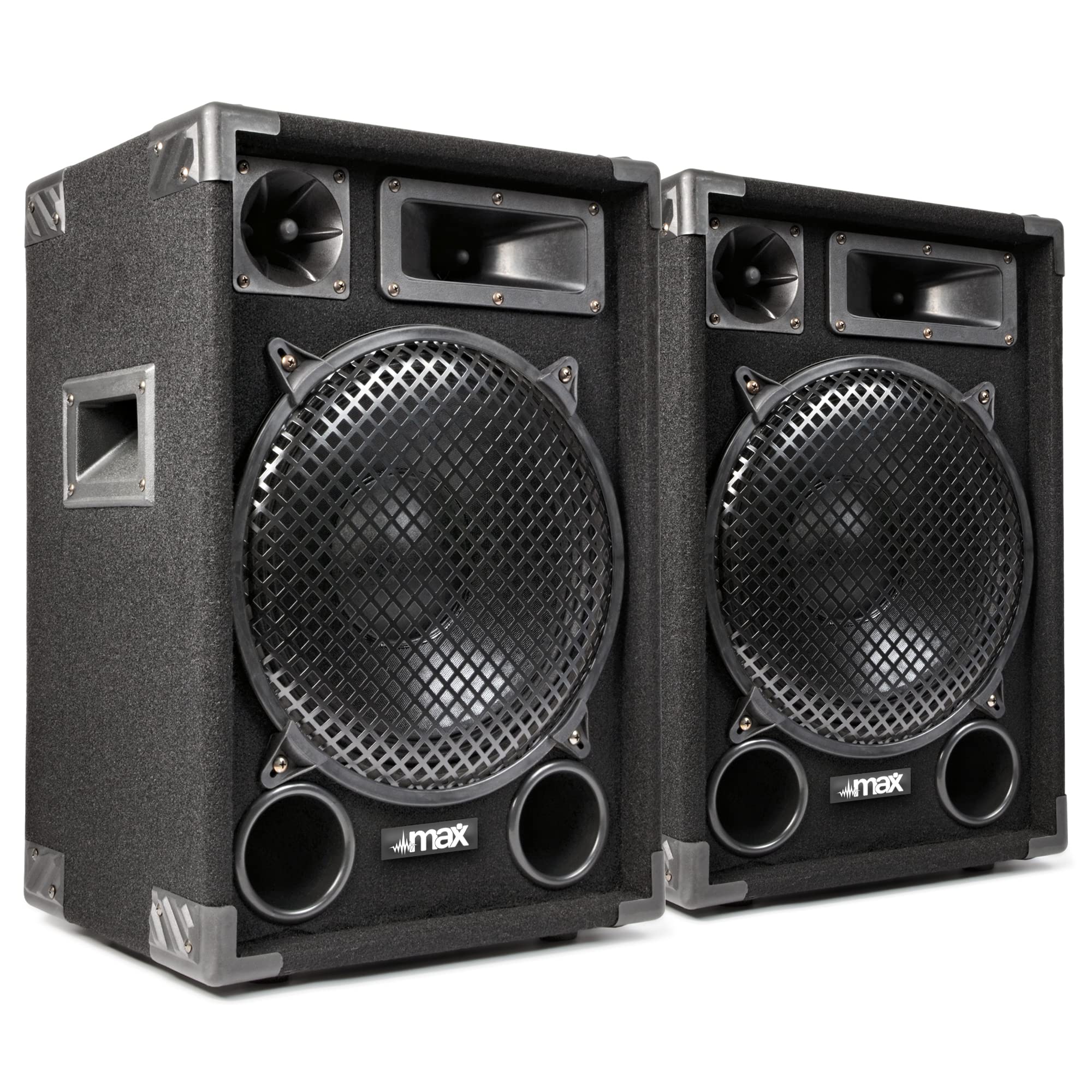 MAX12 - Passive PA Lautsprecher, 2er Set, -700 Watt mit je 12 Zoll Tieftöner, Partyboxen mit Griffe, Passive DJ Boxen Partylautsprecher, Speakerset, Disco Lautsprecherbox in Schwarz