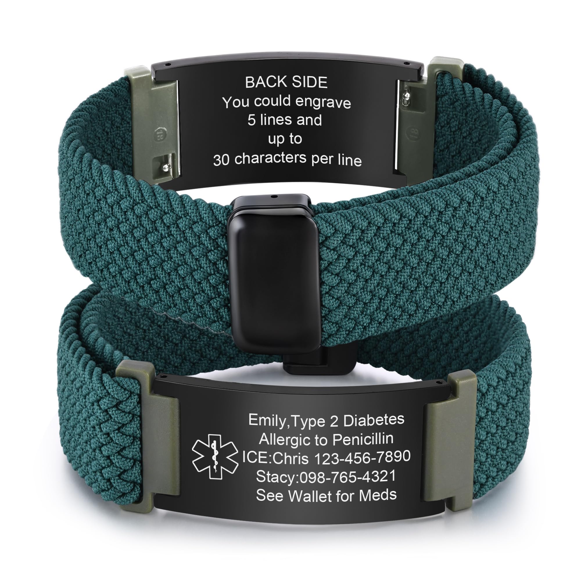 VNOX Medical Alert Id Bracelet for Men Women, Custom Engraving Elastic Braided Stretchy Loop Emergency Survival Medic Bracelets Wristband Loop Band with Removeable Tag