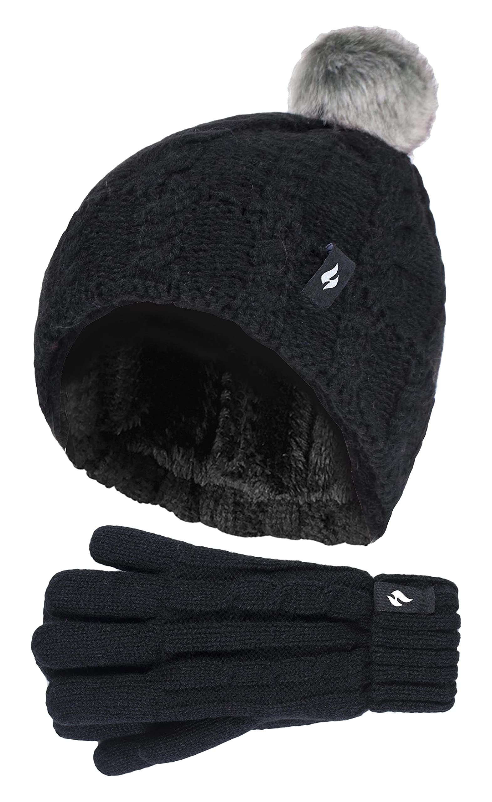 HEAT HOLDERS - Girls Bobble Pom Pom Hat and Gloves Set | Turn Over Cuff Hat & Cable Knit Gloves Style (7-10 Years, Black)