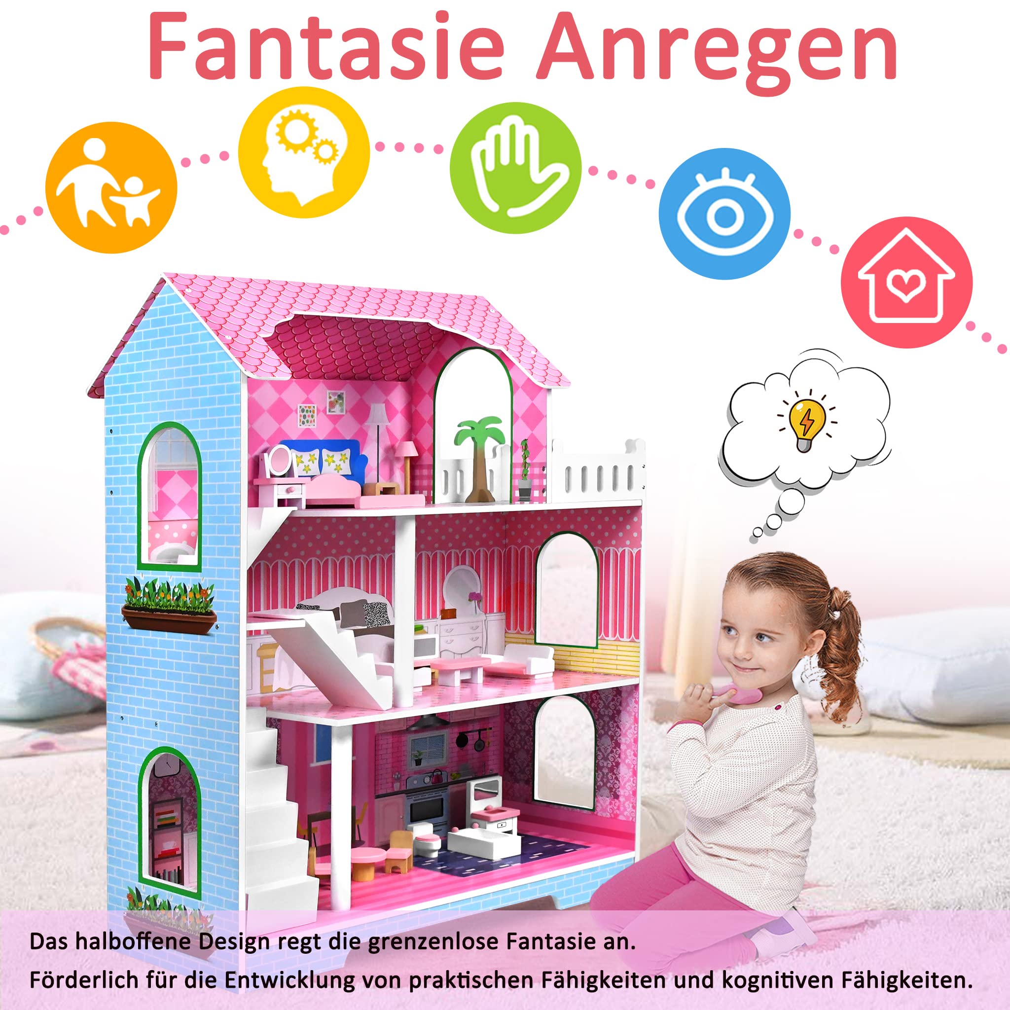 Aufun Holzpuppenhaus MDF, Puppenstube 3-Etage, Möbel, Zubehör, Puppenvilla, Dollhouse, Kinder, Spielzeug, Groß, Ästhetisch