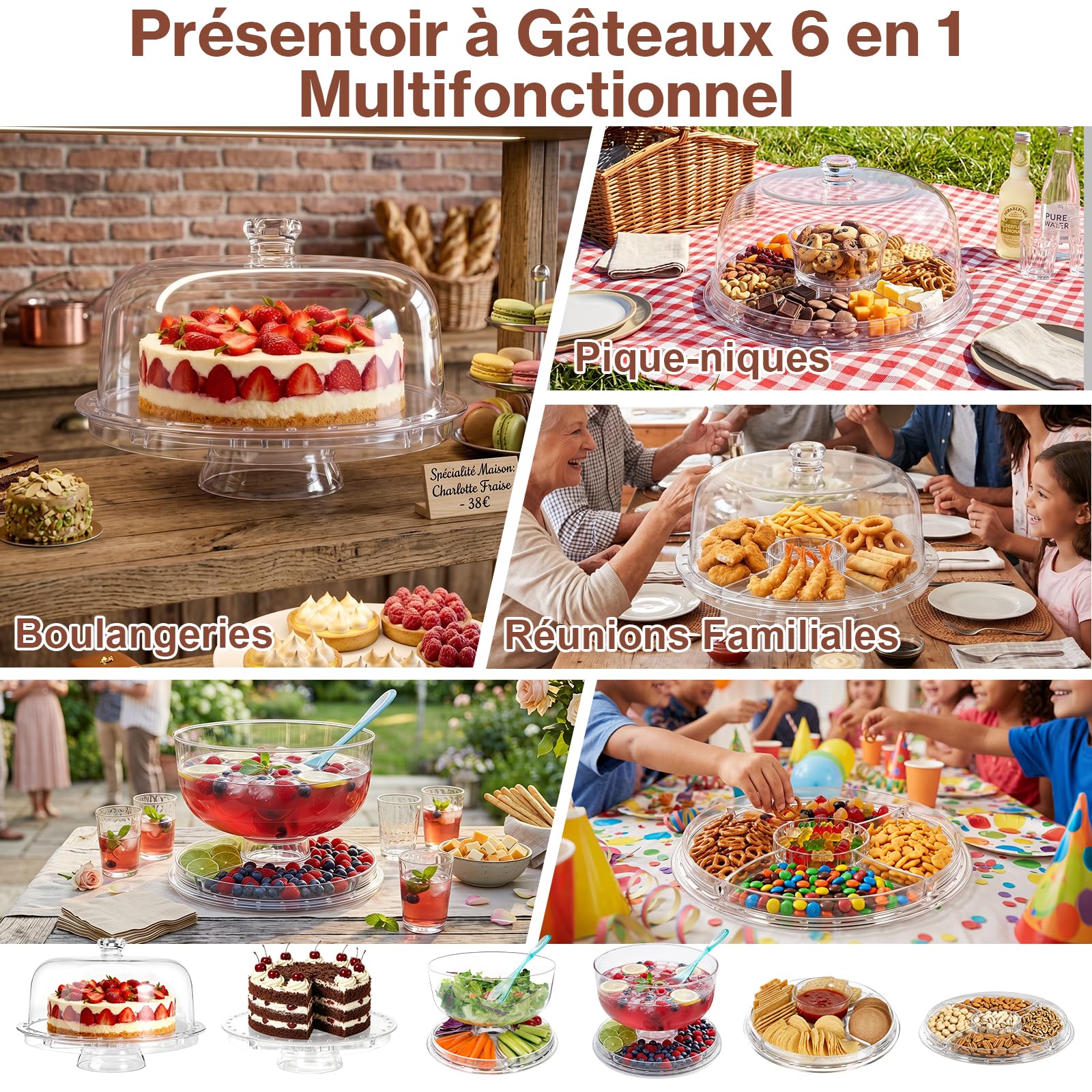 MASTERTOP Cloche à Gâteaux Transparent avec Plateau Réversible, Stand à Gâteaux Multifonctionelle avec Dôme, Boîte à Gâteaux Ronde en Plastique avec Couvercle pour Pâtisserie/Desserts