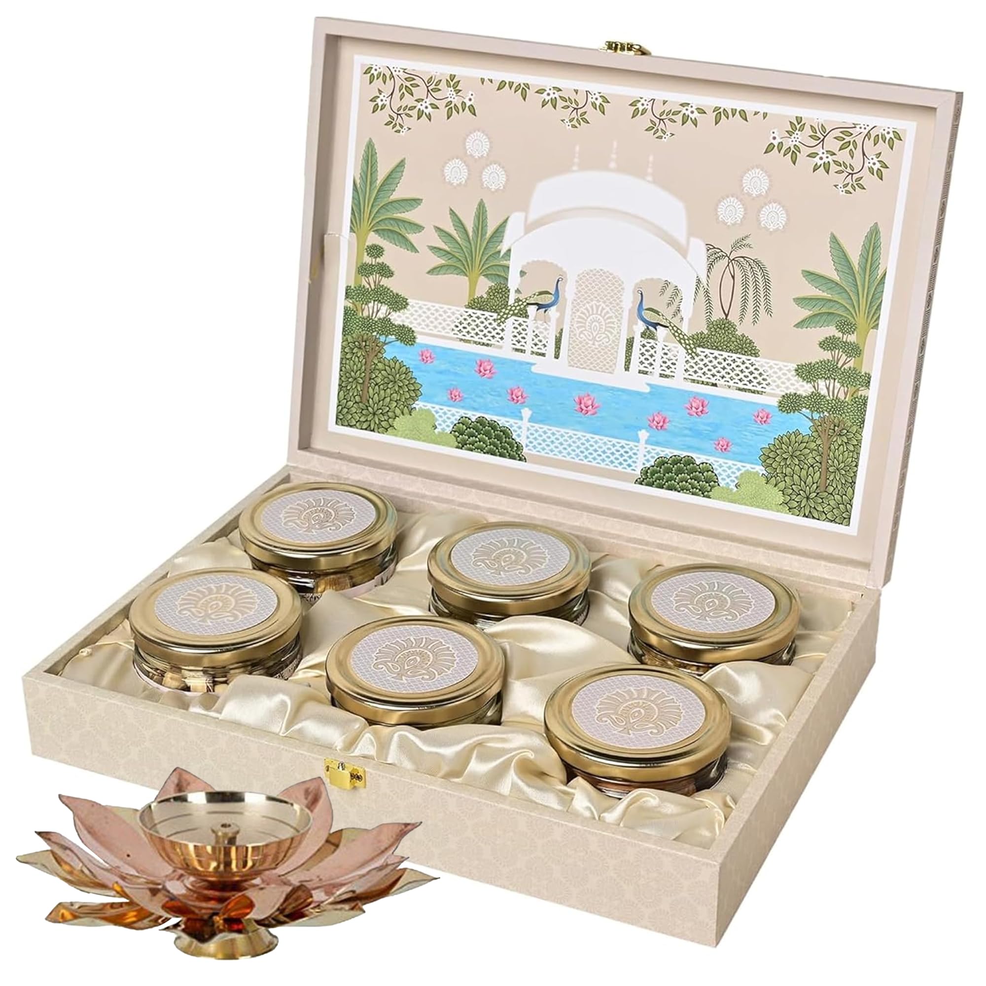 Riwaz Heritage Luxury Box Filled with Almonds, Cashew, Pistachio, Khumani, Raisins & Walnuts and Beautiful Lotus Shape Brass Diya Box|Perfect For Corporate, Wedding & Festival Gifting
