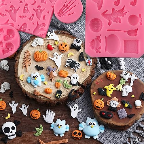 Miniatura 4 de Moldes de silicona para Halloween, paquete de 7 moldes para pastel de calabaza y magdalena, calavera de chocolate, esqueleto de murciélago,