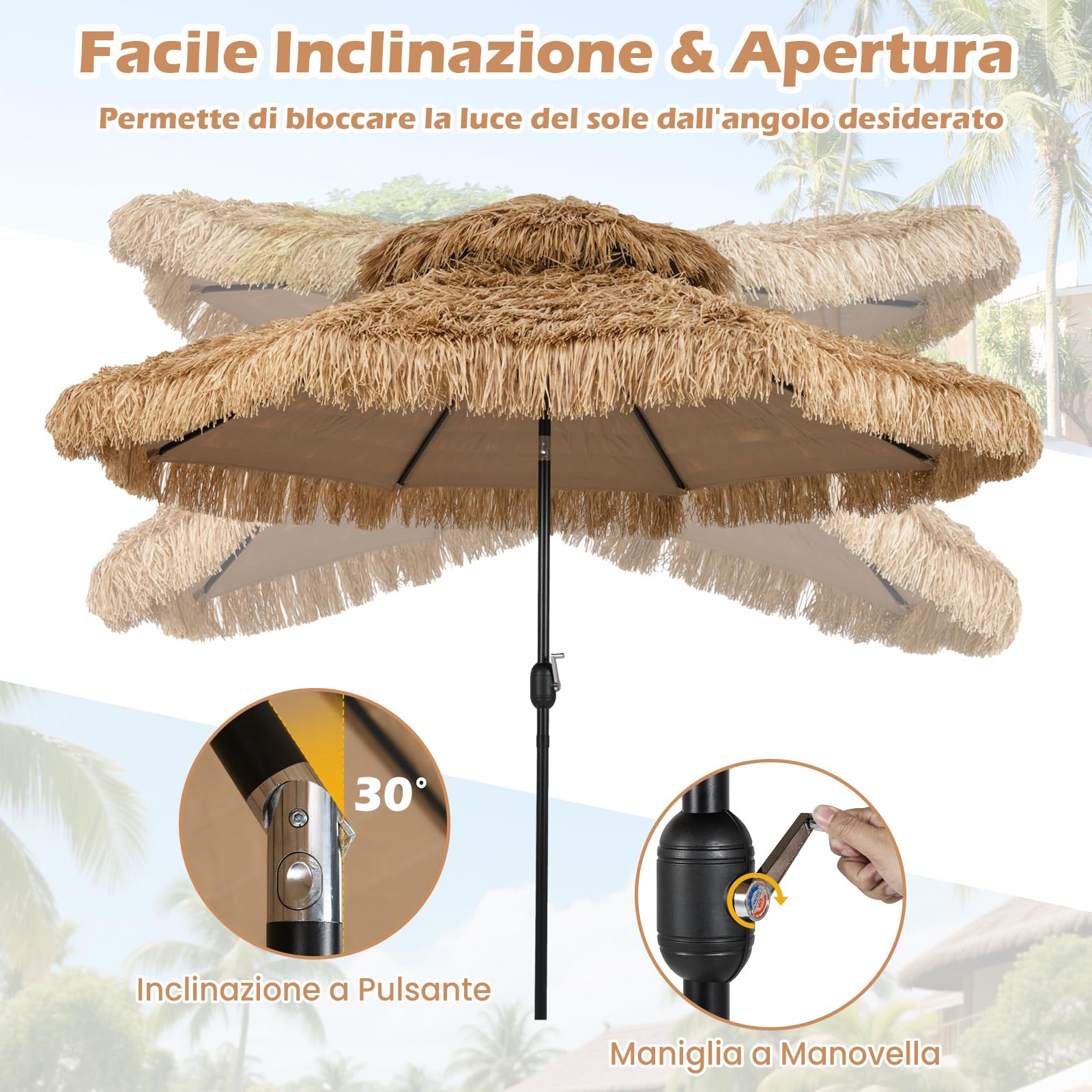 GYMAX Ombrellone Paglia PE 3x3 M, in a 12 Strati, Inclinazione 30° con Manovella Manuale, Tettoia Ventilata, 8 Costole, Stile Hawaiano, per Piscina, Patio, Spiaggia, Giardino