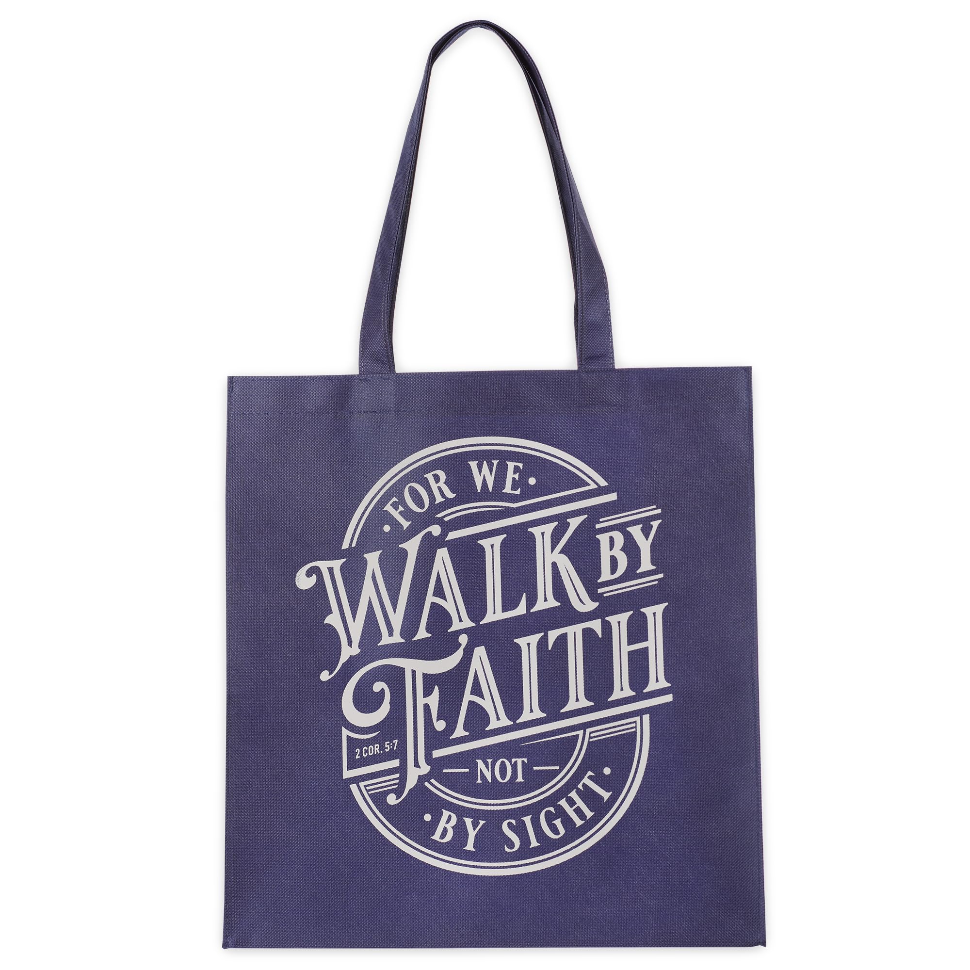 Christian Art Gifts Large Reusable Shopping Tote Bag for Women & Men: Walk By Faith Inspirational Bible Verse Durable Chic Handbag, Groceries, Supplies, Reinforced Easy-Carry Handles, Navy Blue & Gray