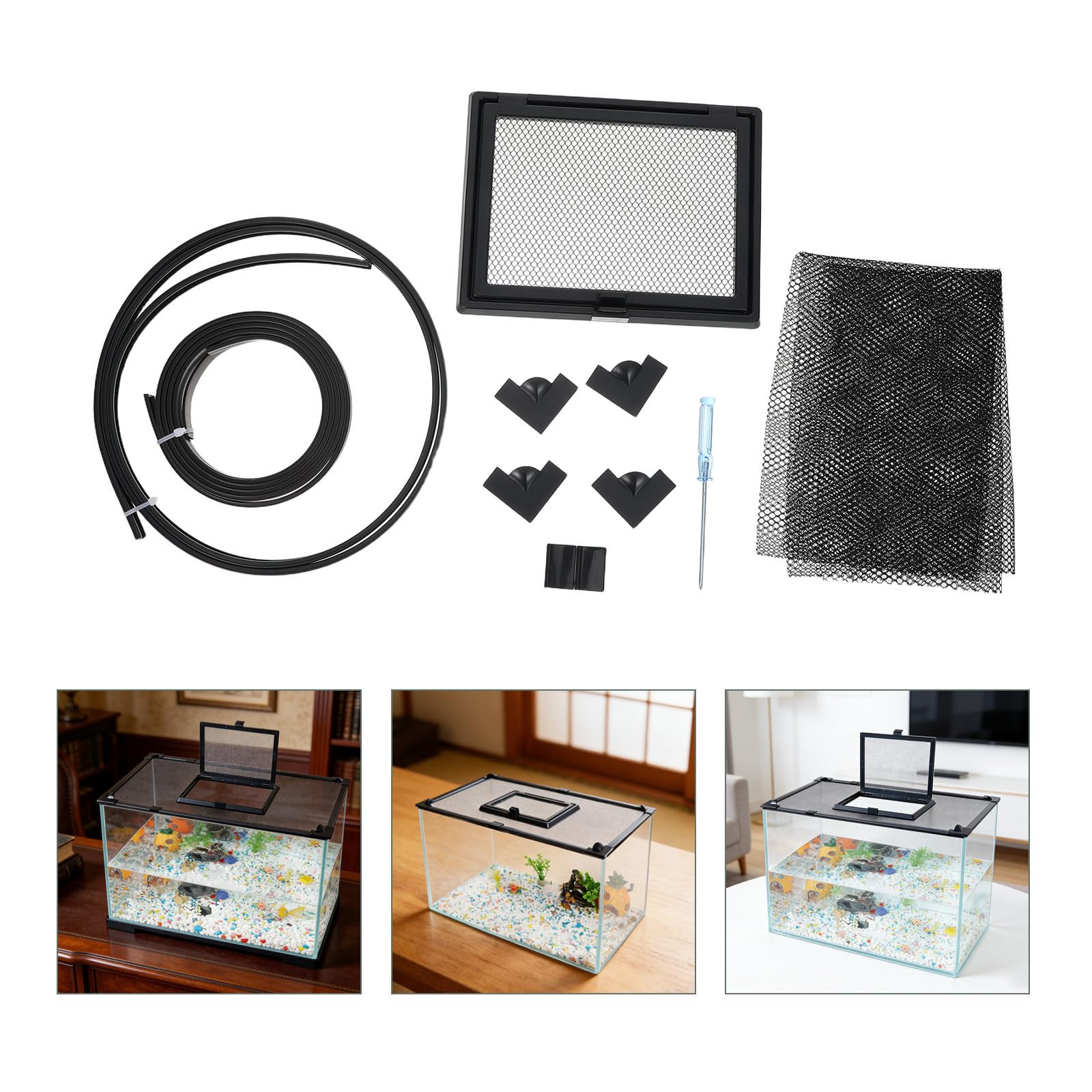 SHINEOFI Magnetische Aquarium Abdeckung und Einfach zu Reinigen aus PVC und Gummi mit Futteröffnung Schwarzes Anti Sprung Netz Staubdicht für Selbstgemacht Fisch und Reptilienschutz
