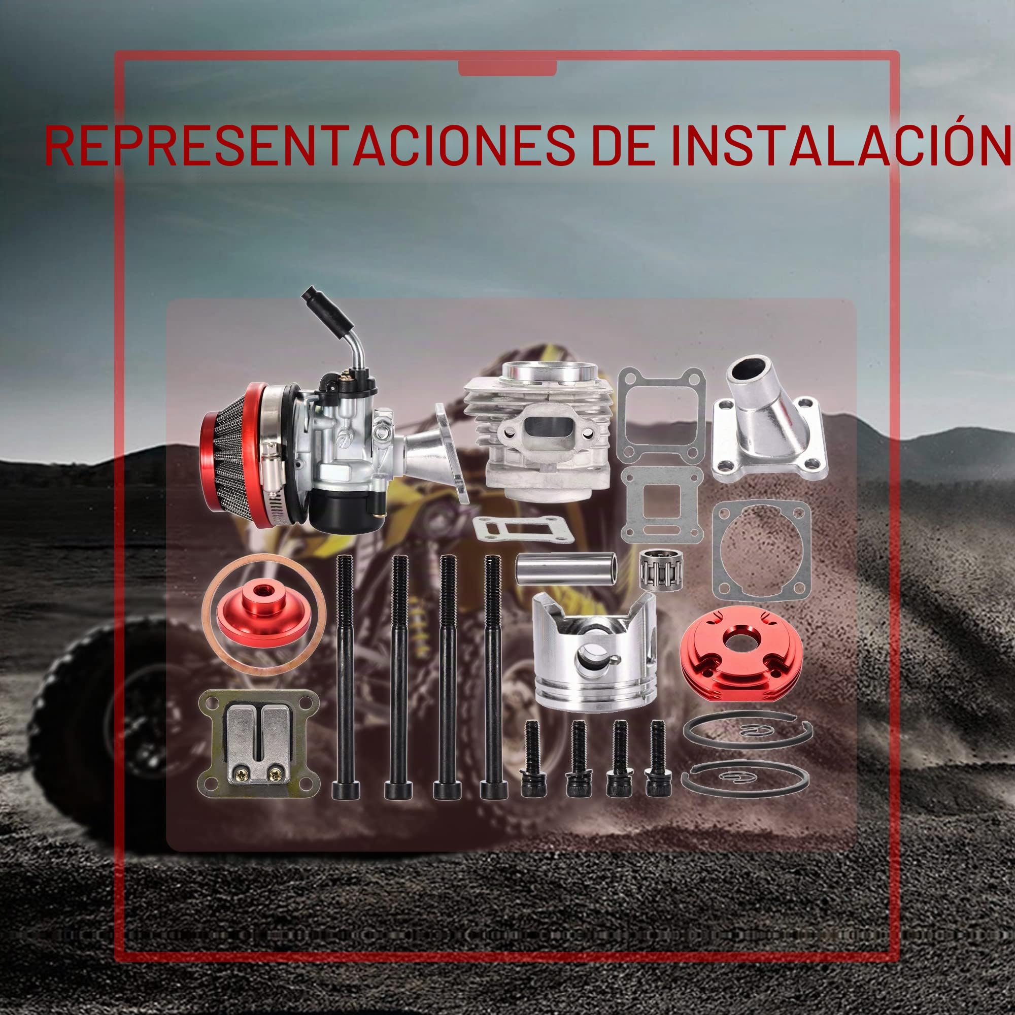 GOOFIT 44mm Cilindro Carburador Filtro de Aire Bobina de Encendido Conjunto de Gran Orificio Kit Superior de Pistón Reemplazo para 47cc 49cc 50cc 53cc 54cc Bolsillo Bicicleta ATV CRX50 Coyote Rojo