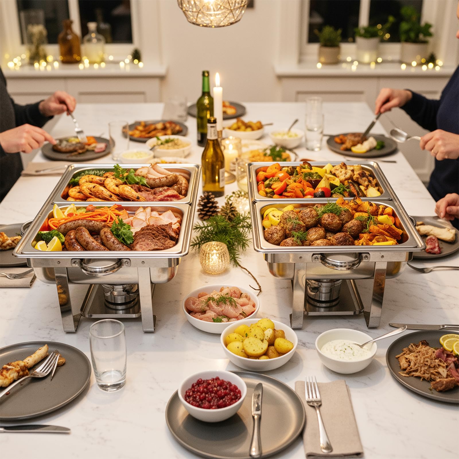 TLGREEN 2 Pezzi Set Buffet Scaldavivande 2X9L, 4 Contenitori GN 1/2, Chafing Dish Buffet in Acciaio Inox, Piastra Scaldavivande per Catering, Matrimoni, cene, Buffet, Feste di Natale e Scuole.