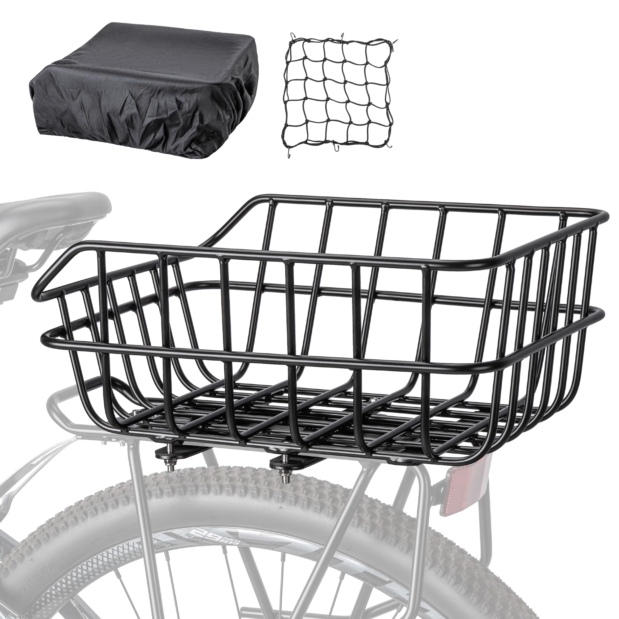 PINNAMAX Fahrradkorb groß Hinten für Gepäckträger,Fahrradkorb mit Netz und Abdeckung,Schwarz