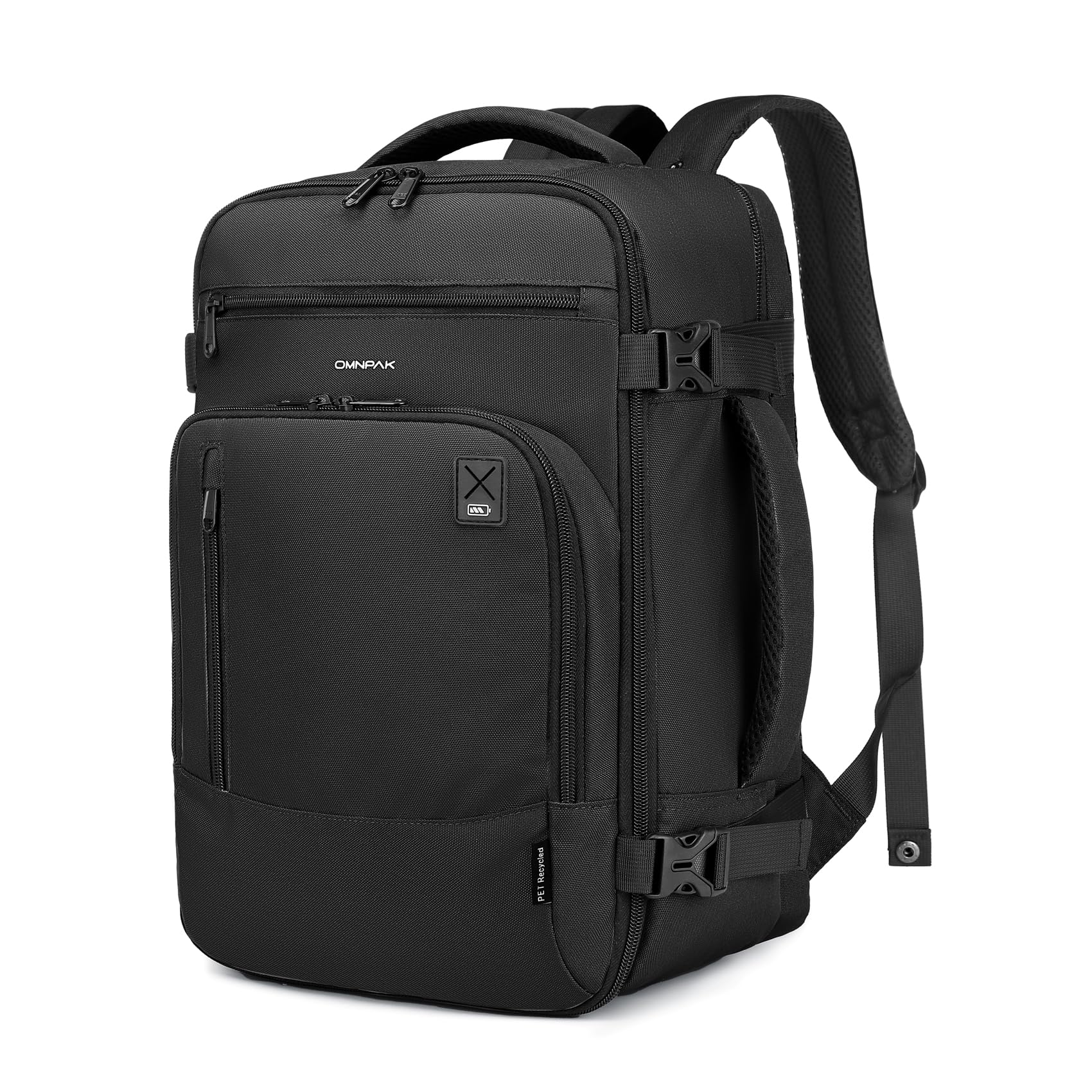 Omnpak Zaino ryanair 40x20x25,Bagaglio a mano,Borsa viaggio per tutte le compagnie low cost, zaini valigia da cabina 40x20x25cm ecologica in PET riciclato da 20 litri,Nero