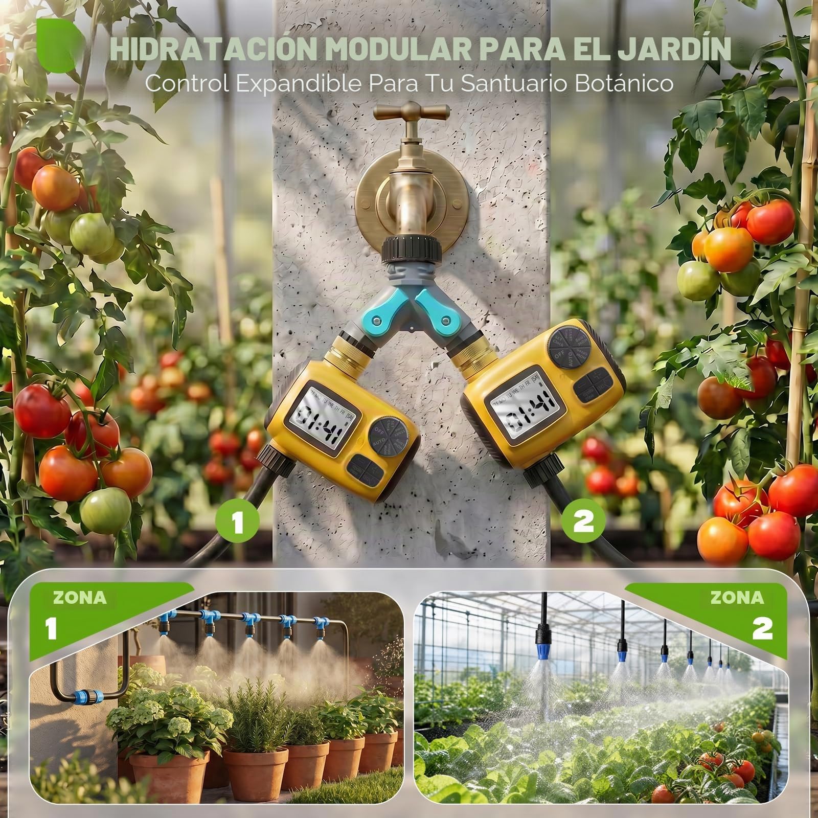 Pantalla LCD Programador de Riego Automático, Sistema de Riego Automático, con 3 Programas de Riego Independientes/Función de Retardo de Lluvia，Apto para Riego Césped/Patios