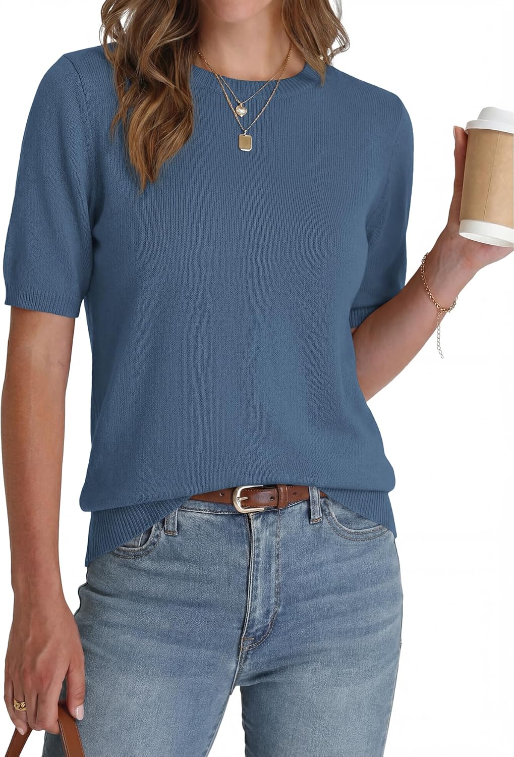 BTFBM Short Sleeve Sweater for Women Spring Tops Crew Neck Lightweight Pullover Loose Dressy Casual Blouse Basic Clothes