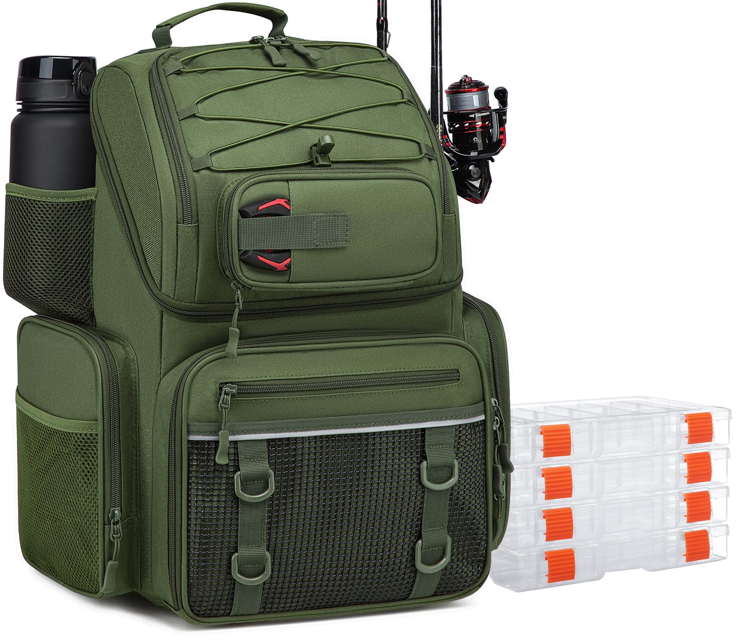 Sac à dos de pêche avec boîtes (incluses), mallette de 45 L avec compartiment isotherme, boîte de rangement étanche – Grand sac à compartiments réglables, sacs de canne à pêche
