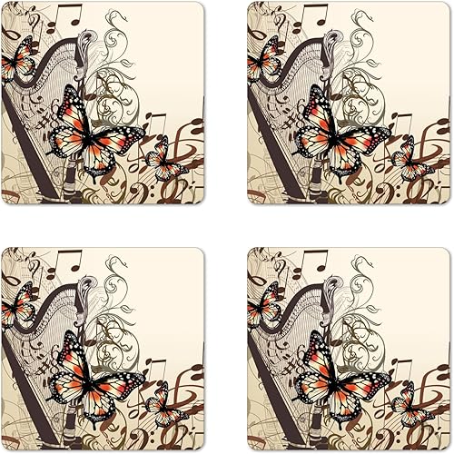 Vista 9 de Ambesonne Juego de 4 posavasos de mediados de siglo, composición atómica de estilo retro con patrón de línea de diamante vintage, posavasos Gris