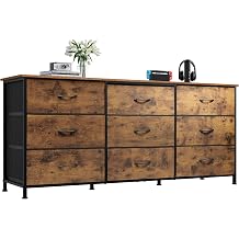 WLIVE 54W Dresser for Bedroom, Dresser TV Stand for 55, 60, 65 inch TV, Wide Chest of Drawers with 9 Drawer, Large Entertainment Center, Fabric Dressers with Wood Top for Living Room, Rustic Brown