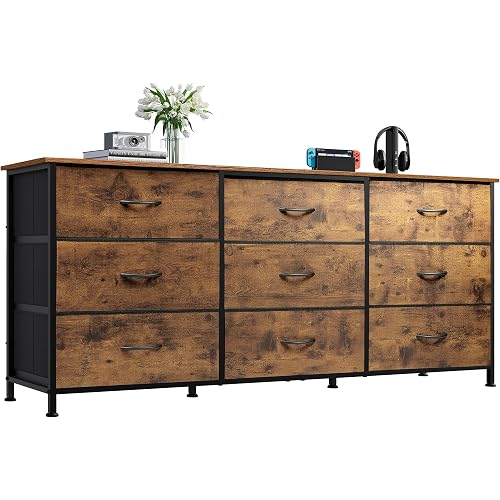 WLIVE Dresser TV Stand for 65 Inch TV, 9 Drawer Dresser, Rustic Brown | Fits TVs up to 65 inch, 9 roomy fabric drawers, Wide wood tabletop, Living room or bedroom, Chest of drawers