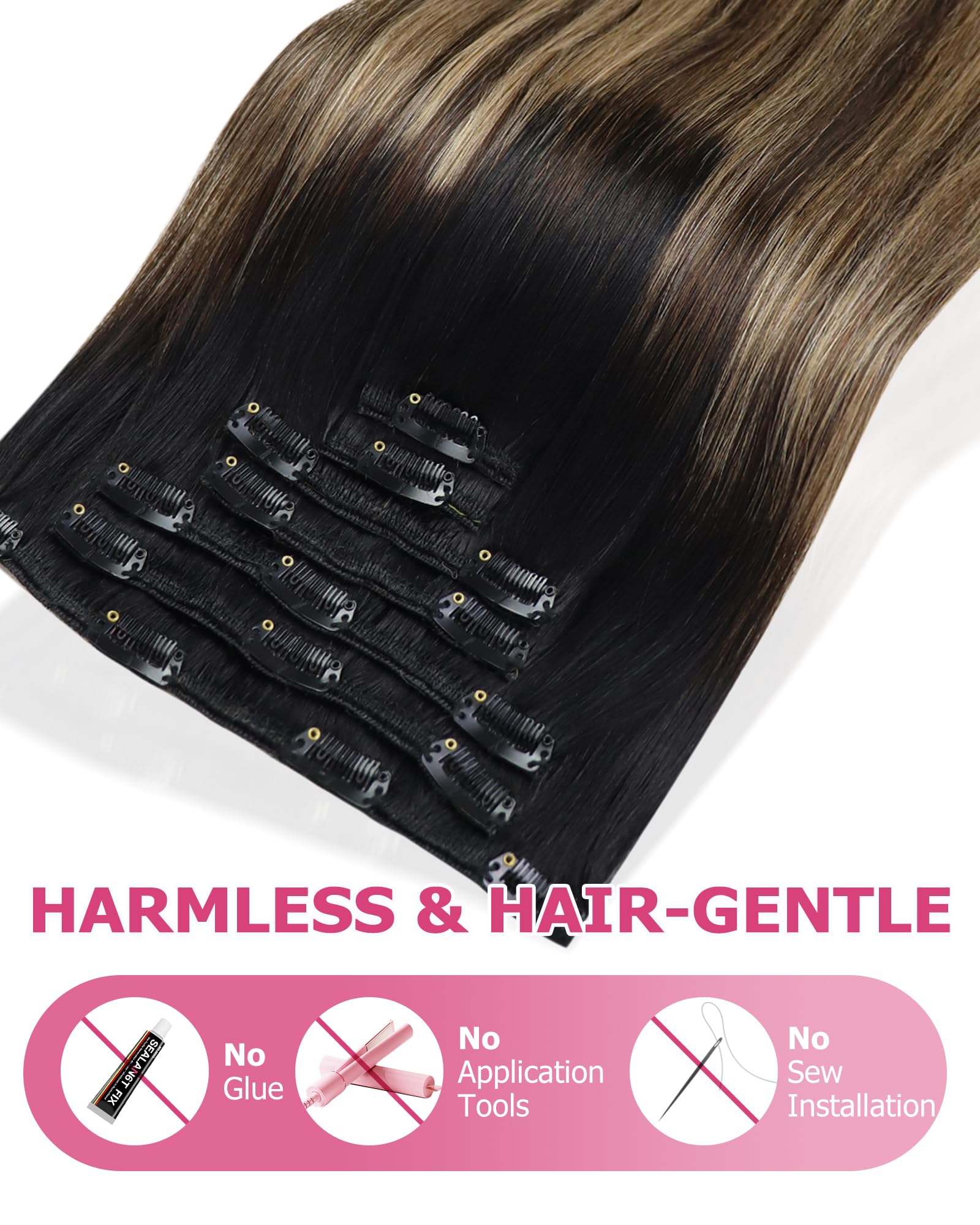 YoungSee Extension Cheveux Naturel Clip Noir Ombre Blond Extension Cheveux Clip Humain 7pcs 50cm Rajout Clips Naturel Noir à Brun Fonce Balayage Blond 20 Pouces 120g /1B/4/27 20 Pouces
