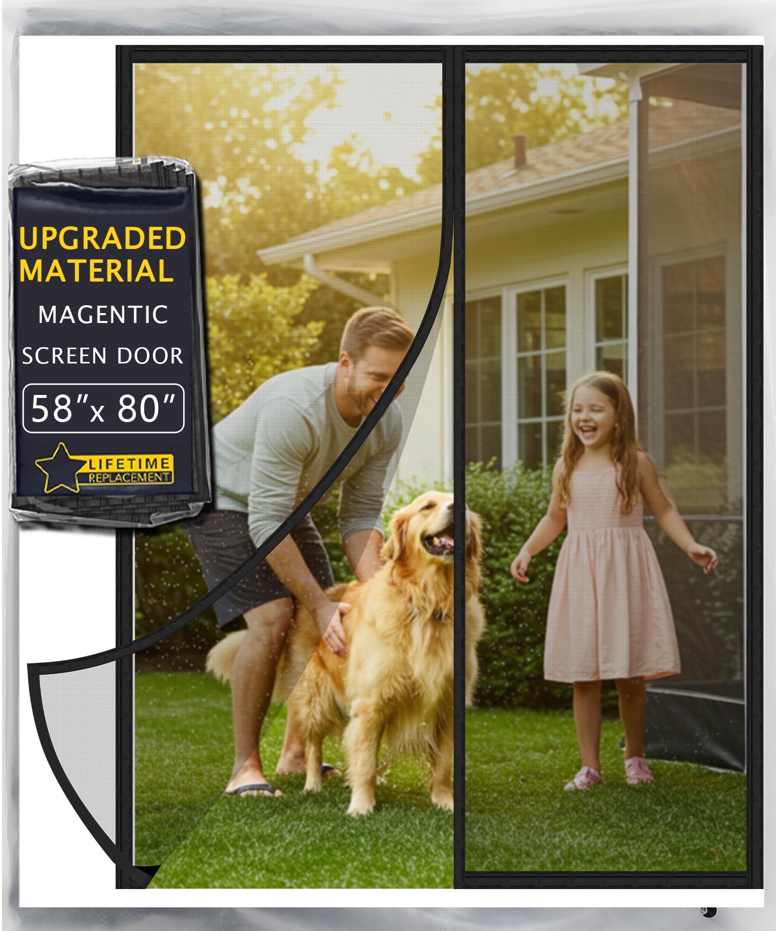Magnetic Screen Door, IKSTAR Mosquito Net, Keep Bugs Out, Let Cool Breeze in - Self Sealing Magnets - Retractable Mesh Closure - Curtain Works with Pets, Sliding Door, Single-58×80"