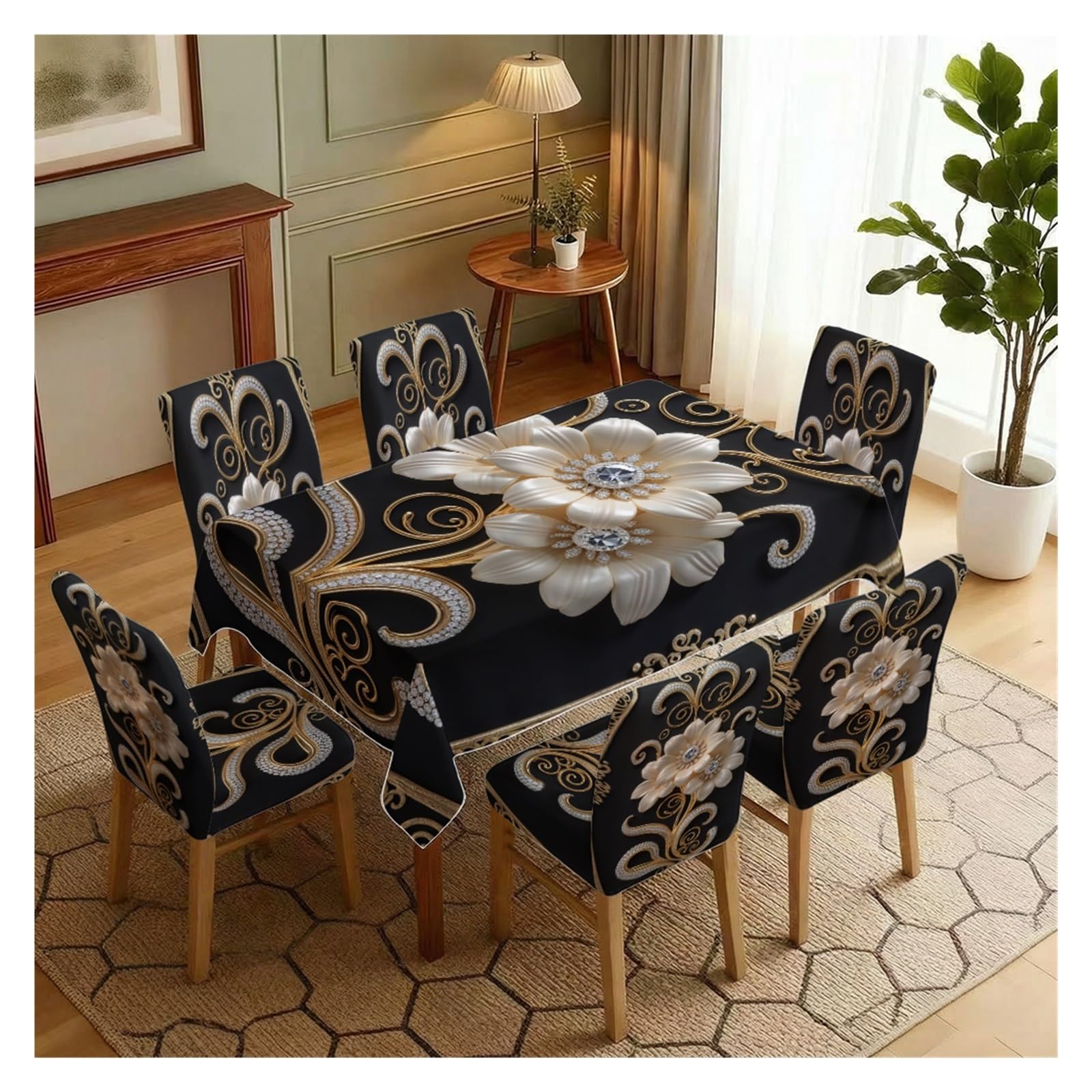 BOSUYBN Black Base Luxury Golden Pearl Floral Dining Tablecloth & Chair Covers Set, 5/7 Piece Elegant Baroque Gothic Farmhouse Dining Decor Table Setting(7pcs Set: Tablecloth+Chair Covers)