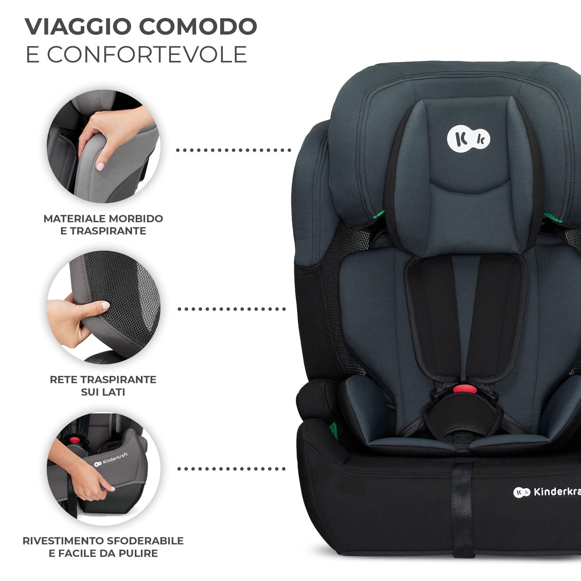 Kinderkraft COMFORT UP I-SIZE 76-150 cm Seggiolino auto 9-36 kg, Poggiatesta Regolabile di 11 livelli, Seduta spaziosa, Cinture di Sicurezza, Inserto modulare dotato, Gruppo 1/2/3, Nero