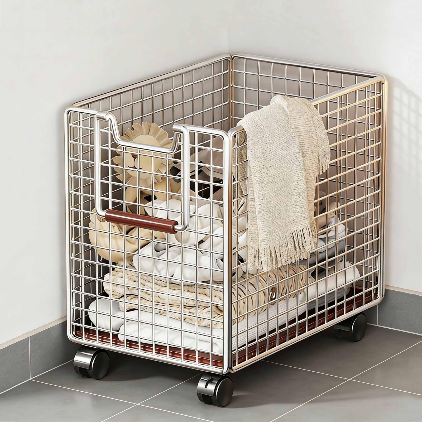 Wäschewagen aus Metall mit 4 Rädern und Griff, industrieller Wäschekorb auf Rollen, atmungsaktiver Wäschekorb, mobiler Wäschebehälter für Schlafzimmer, Waschküche, Badezimmer(Silver)