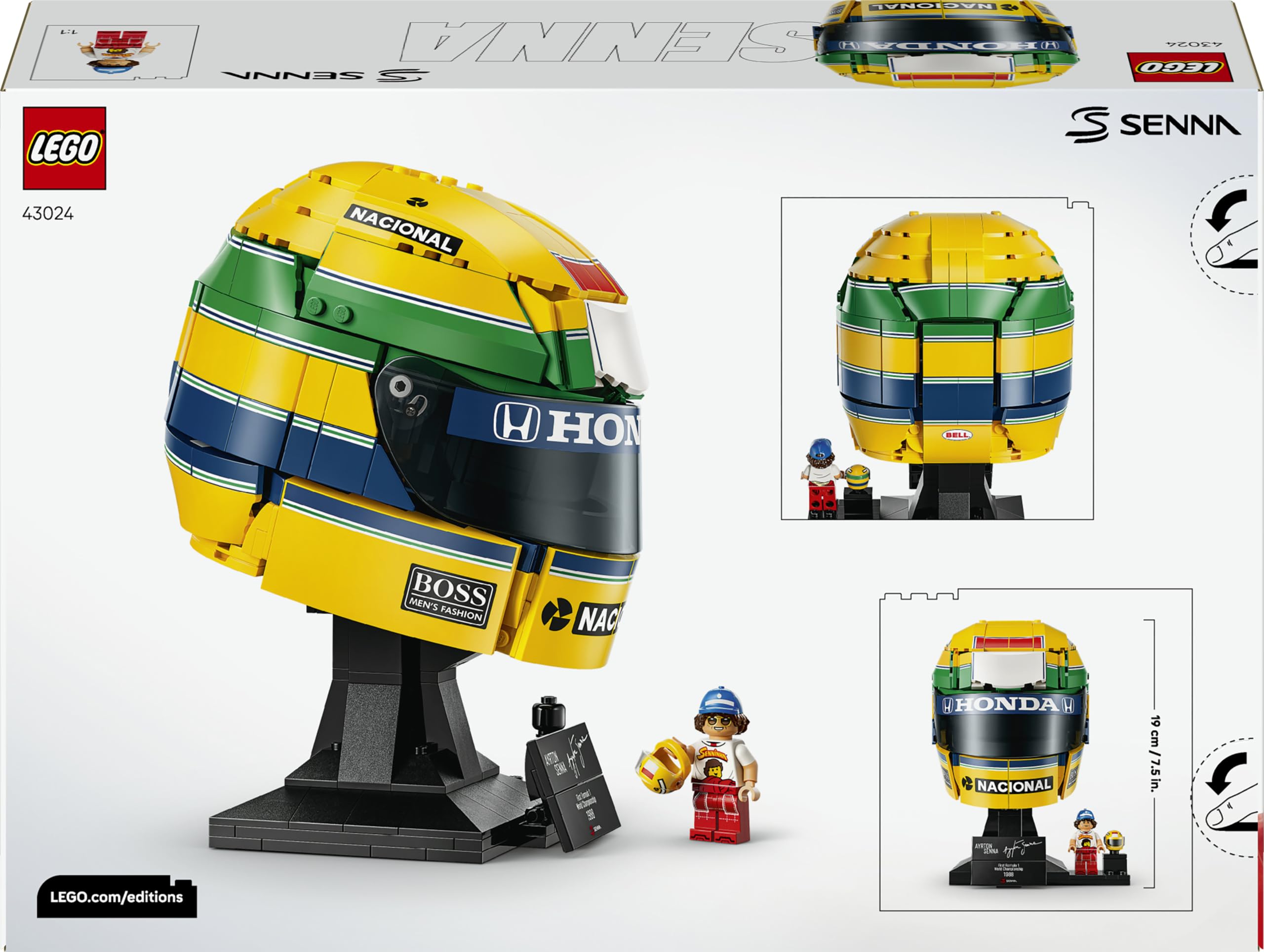 LEGO Editions Casco Ayrton Senna - Merch da F1 - Kit di Modellismo da Esposizione con Minifigure da Collezione - Regalo per Ragazzi da 14 Anni in su e per Adulti Appassionati di Automobilismo - 43024