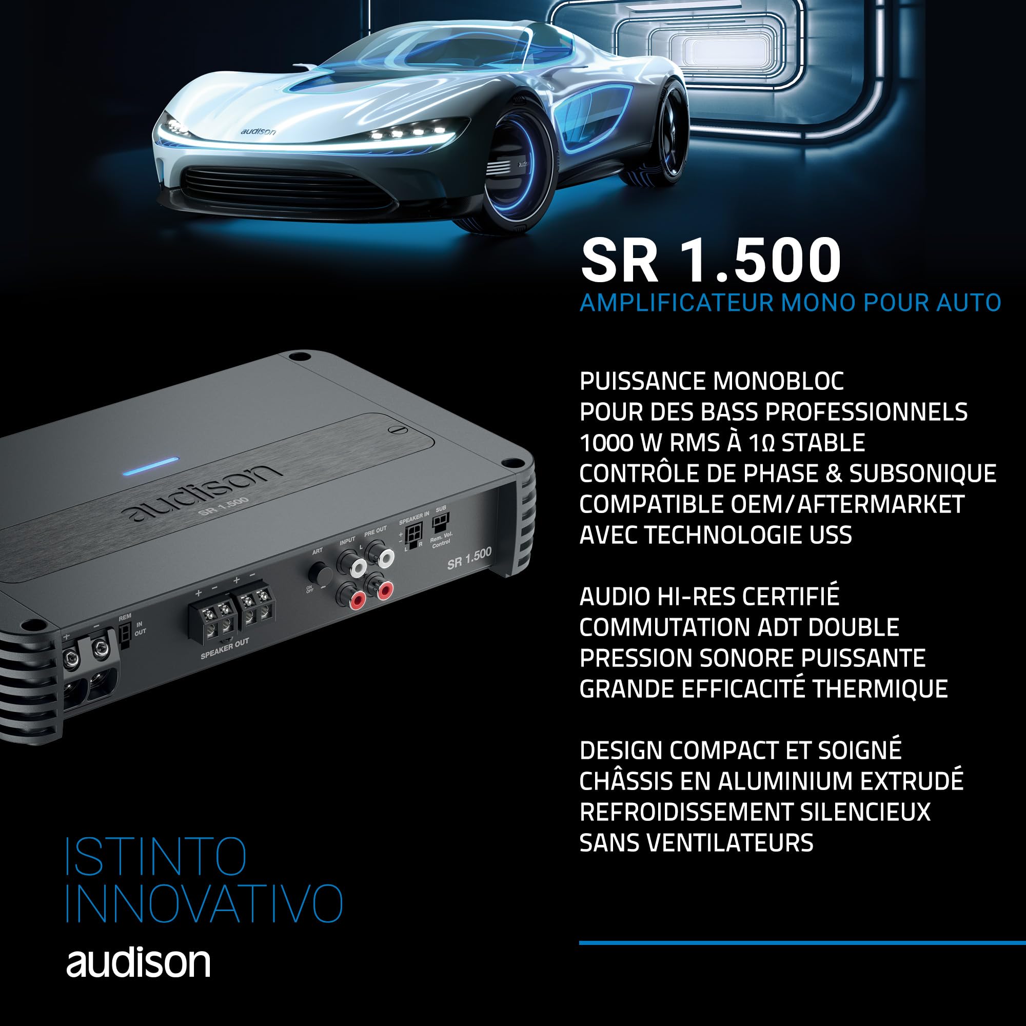 Audison SR 1.500 Amplificateur Mono Classe D pour Système Audio, Technologie ADC et USS, Filtres Réglables, Entrées Double Niveau, 1000W RMS, 1 Ohm, Noir