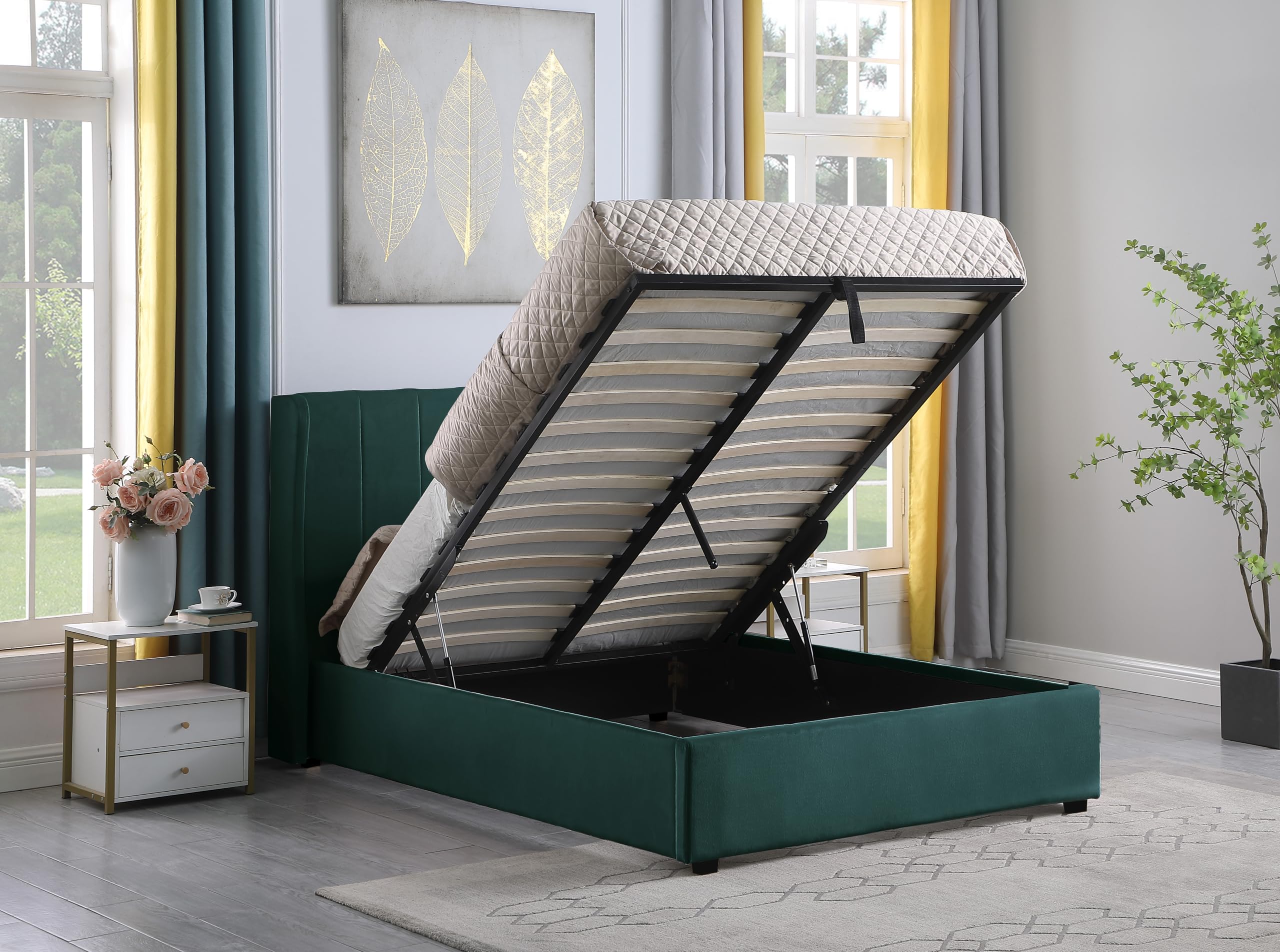 Seconique Amelia 5' King Size Storage Ottoman Bed in Green Velvet Fabric
