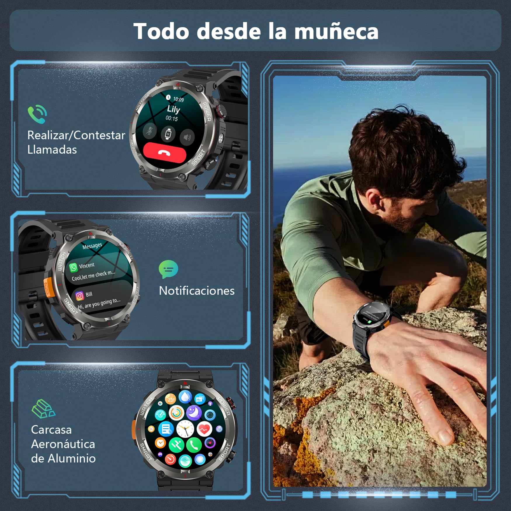Reloj Inteligente Hombre, W50Pro Smartwatch Hombre con Linterna y Brújula, Smartwatch con Llamadas Bluetooth, Batería Grande de 960 mAh, Monitor Sueño, Podómetro, Pulsera Actividad Impermeable IP68