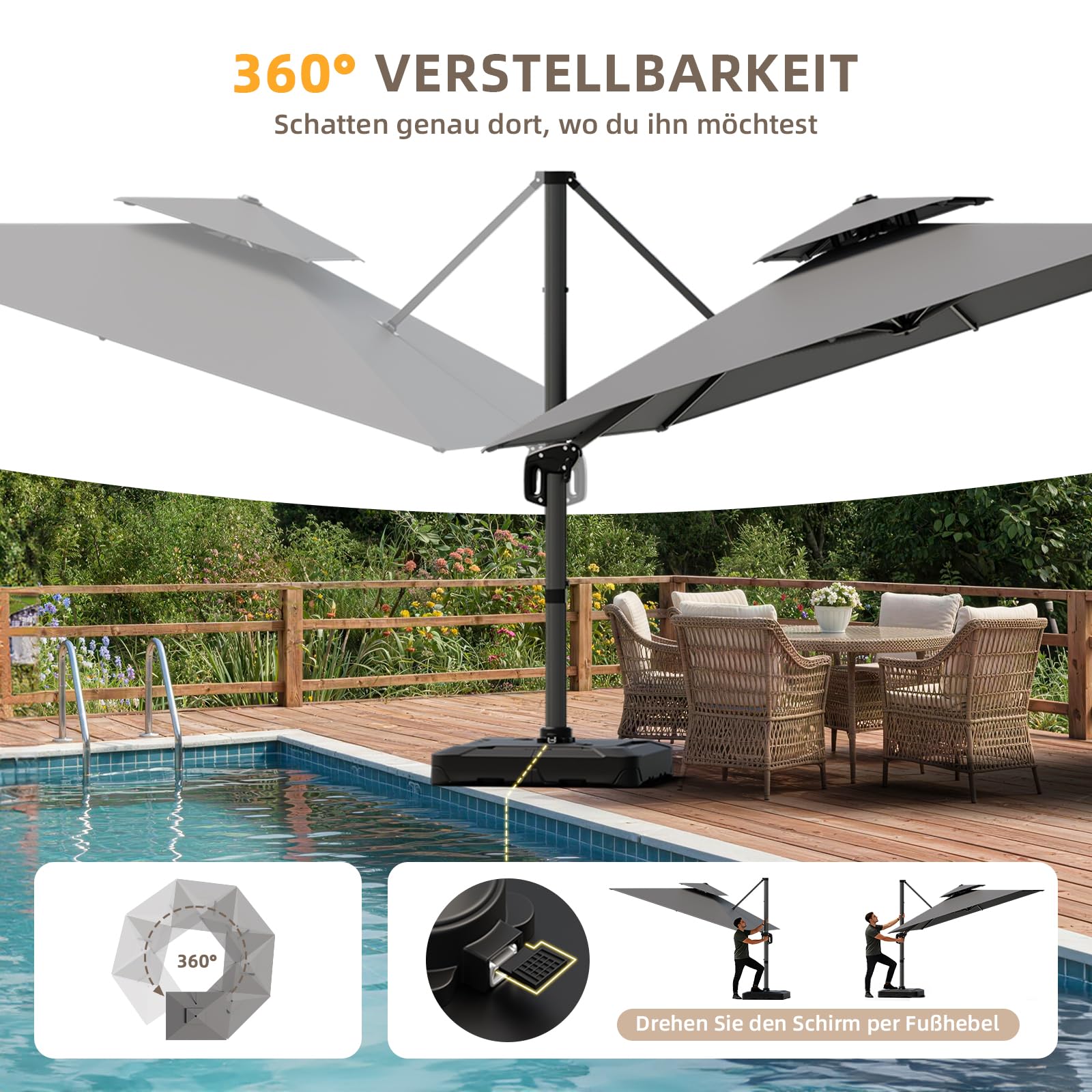 UDPATIO Sonnenschirm 400 x 300 cm Rechteckig mit Ständer, Ampelschirm Groß Aluminium, Marktschirm - Doppeldach, Gartenschirm 360° mit Kurbel, Balkonschirm, Sonnenschutz UV50+, (Grau Wasserdicht)