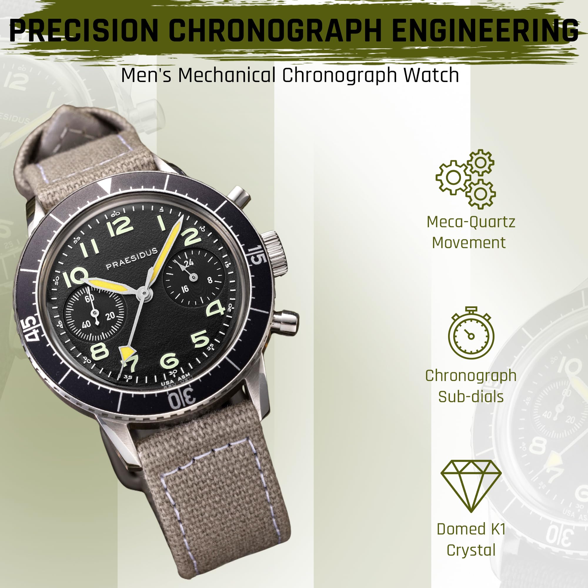 PRAESIDUS | 𝗧𝘆𝗽𝗲 𝗛-𝟳𝟱 - Zegarki dla mężczyzn, Męskie zegarki na rękę - Pilot, Wojskowy - 38mm Case | Zmontowany w USA, 2 wojna światowa, Prezent