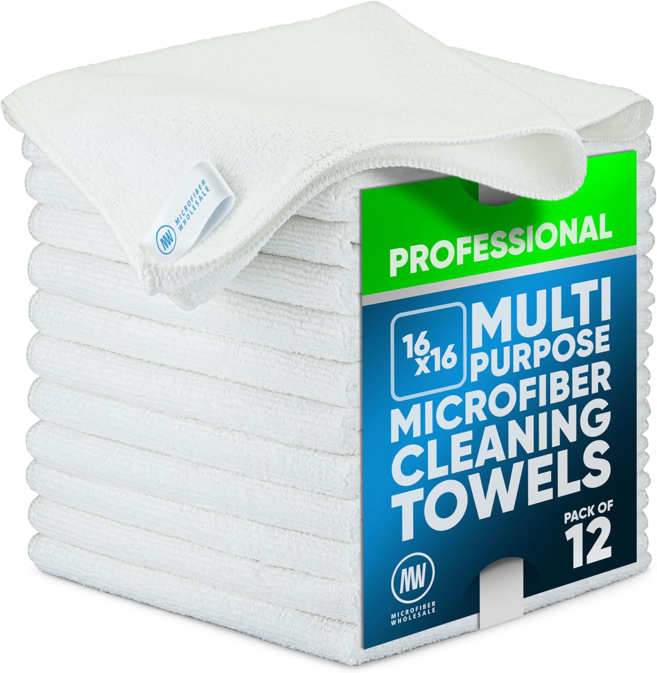 MW Pro Microfiber Cleaning Cloth | White (12 Pack) | Size 16" x 16" | All Purpose Microfiber Towels - Clean, Dust, Polish, Scrub, Absorbent