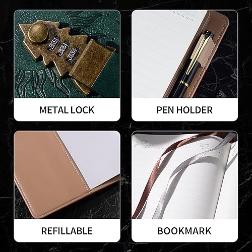 Miniatura 4 de ZXHQ Diario con cerradura con bolígrafo, diario A5 de 240 páginas con cerradura, borde marrón, recargable, tapa dura de cuero (8.5 x 5.9 pulgadas),