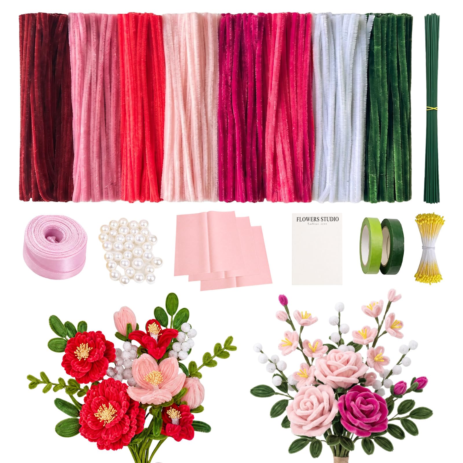 500 Pcs Fil Chenille, Fil Chenille Fleur Kit Complet Fleurs 8 Couleurs, Cure Pipe en Coffret avec Accessoires, Pipe Cleaners Flower kit pour Loisirs Creatifs 30cm Long