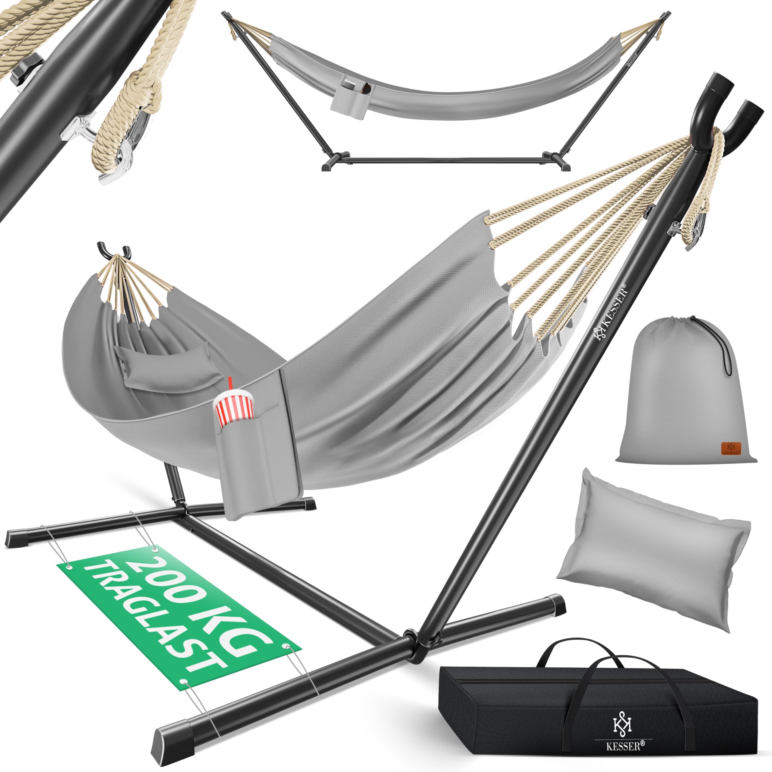 KESSER® Hängematte Lake mit Gestell, Doppel für 2 Personen, 200kg Belastbarkeit, Indoor & Outdoor, XXL Hängesessel, Garten, Pool, Balkon, Terrasse, Inkl. Kissen, Beutel & Tasche, Grau