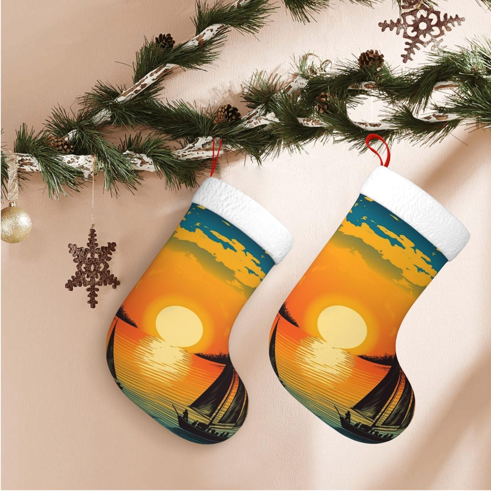 17.7" Christmas Stocking 1 Piece, Sunset with A Boat Xmas Stockings with White Plush Cuff Fireplace Hanging Stocking for Christmas Holiday Party Decoration